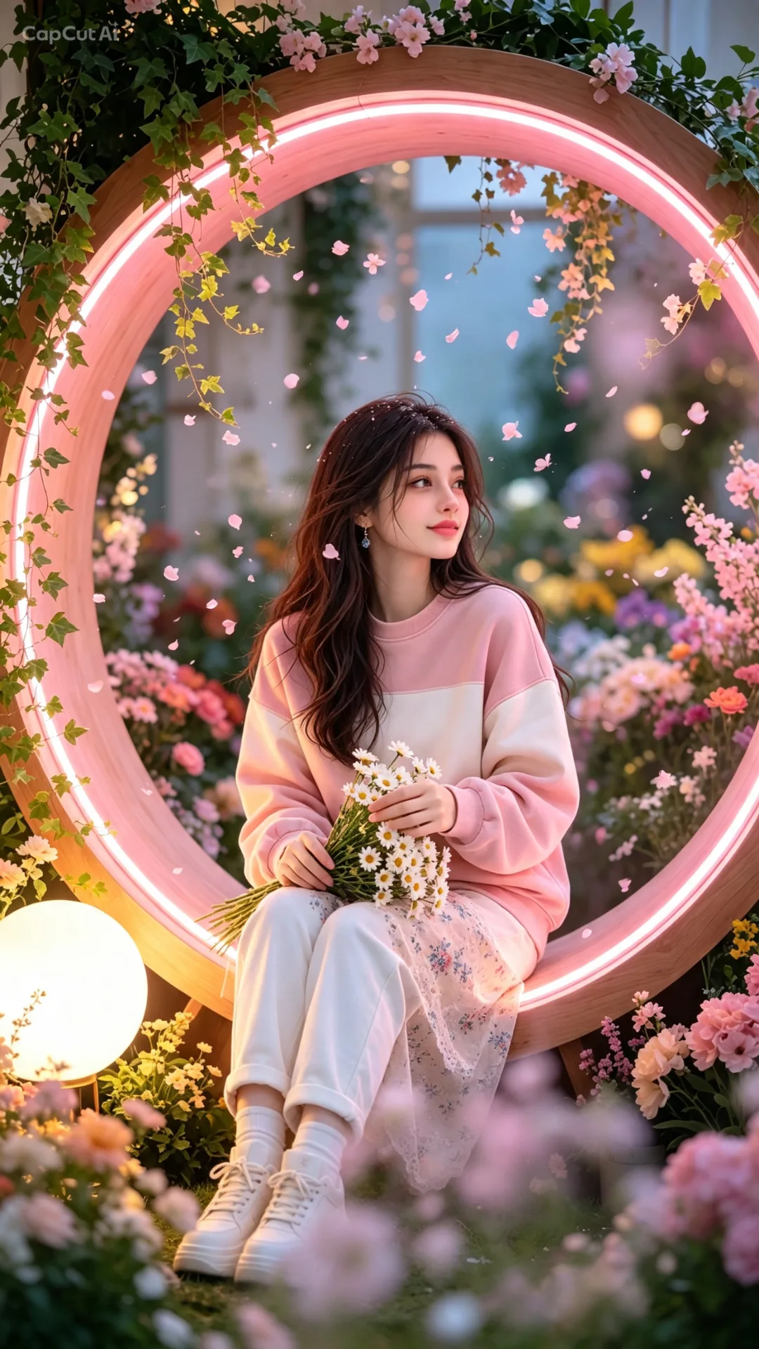 A professional full-body shot of a person sitting gracefully inside a large circular wooden frame ringed with a soft pink neon glow,