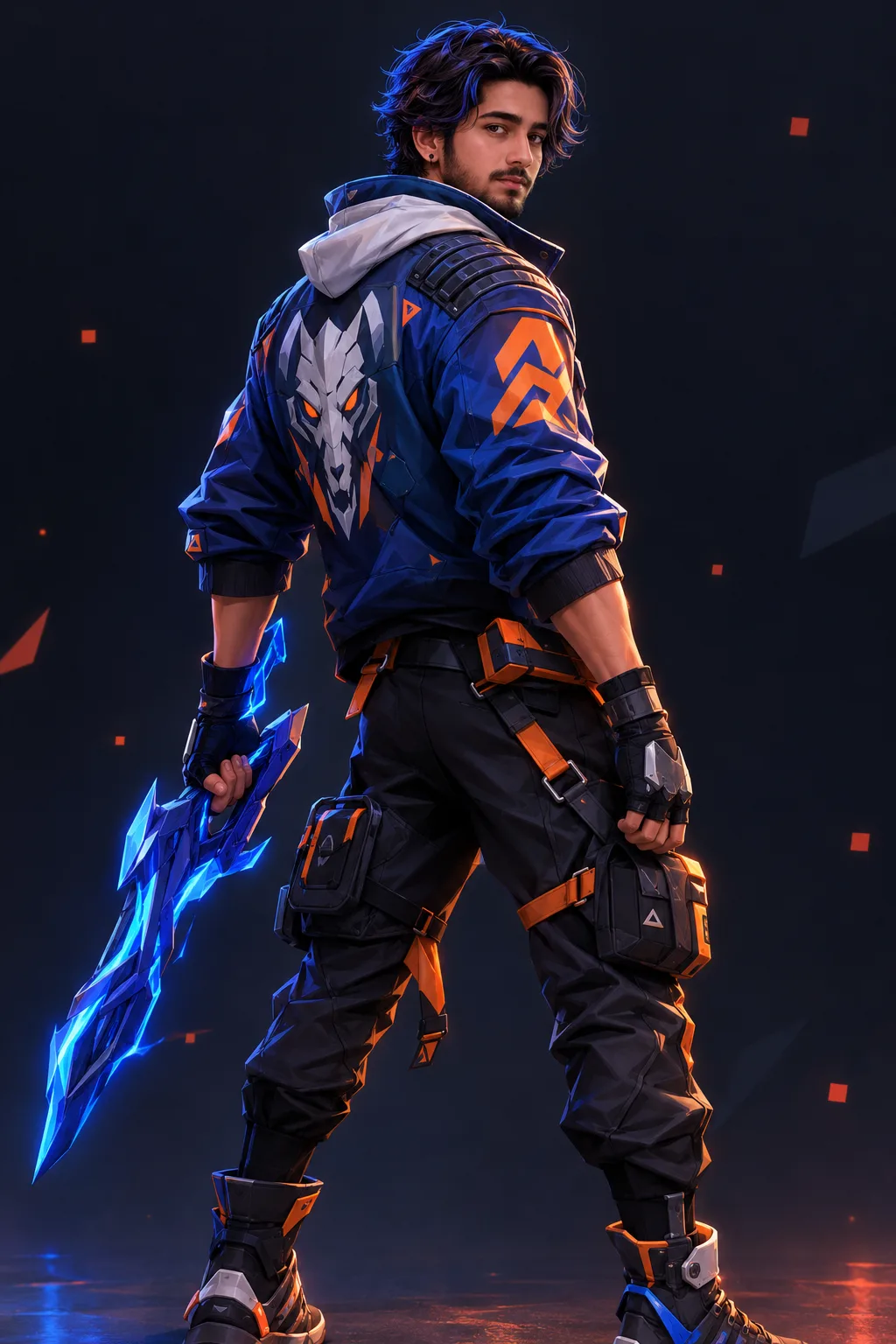 A highly detailed stylized 3D character illustration of a young male futuristic street warrior, shown from a rear three-quarter view and