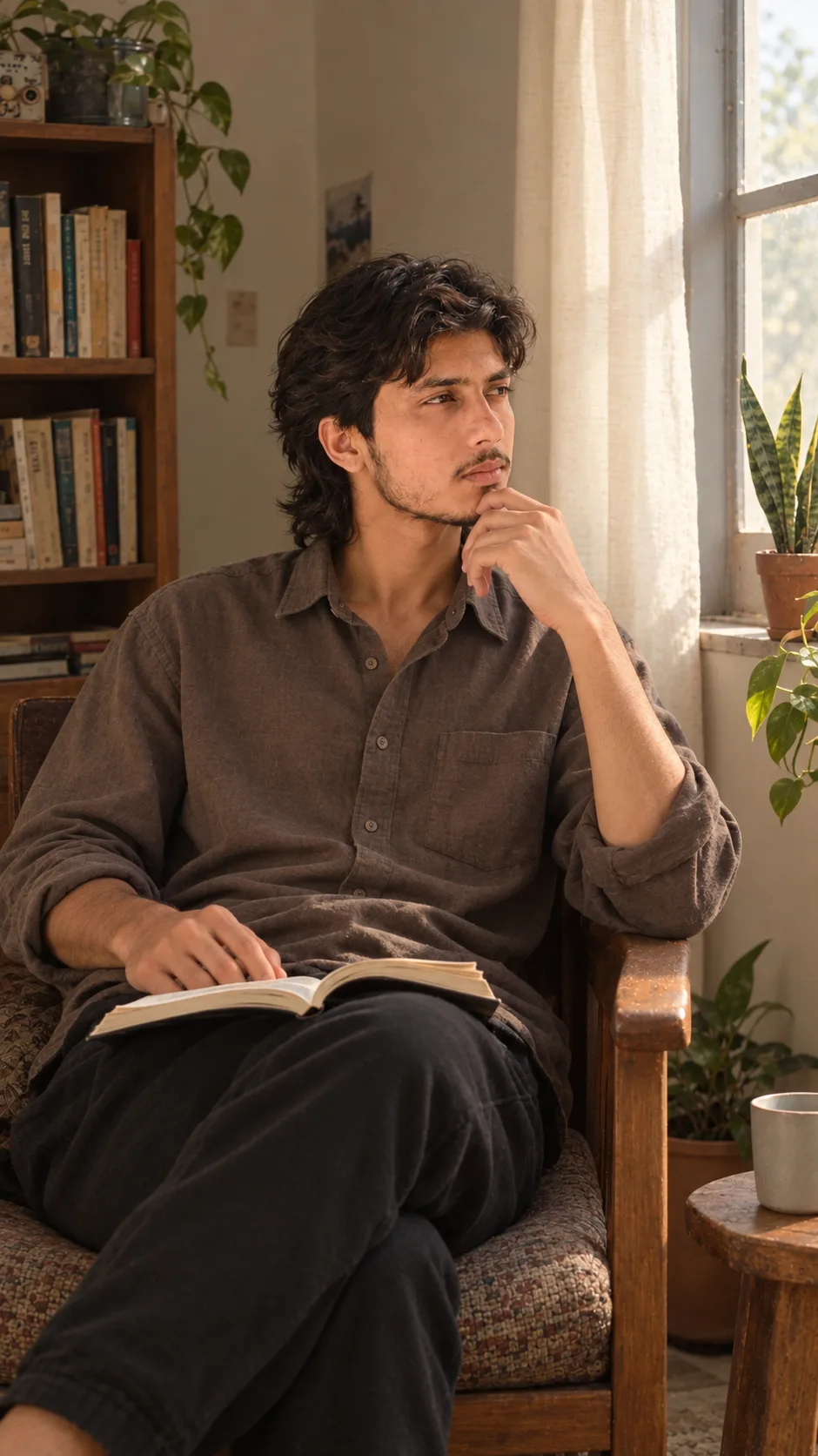 Generate a hyper-photorealistic medium shot, 9:16 vertical portrait, of the handsome young South Asian man from the reference images,