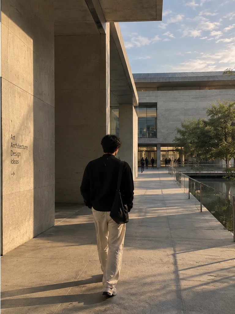 Ultra-realistic cinematic architectural travel photograph of a young adult man walking through a striking contemporary cultural complex