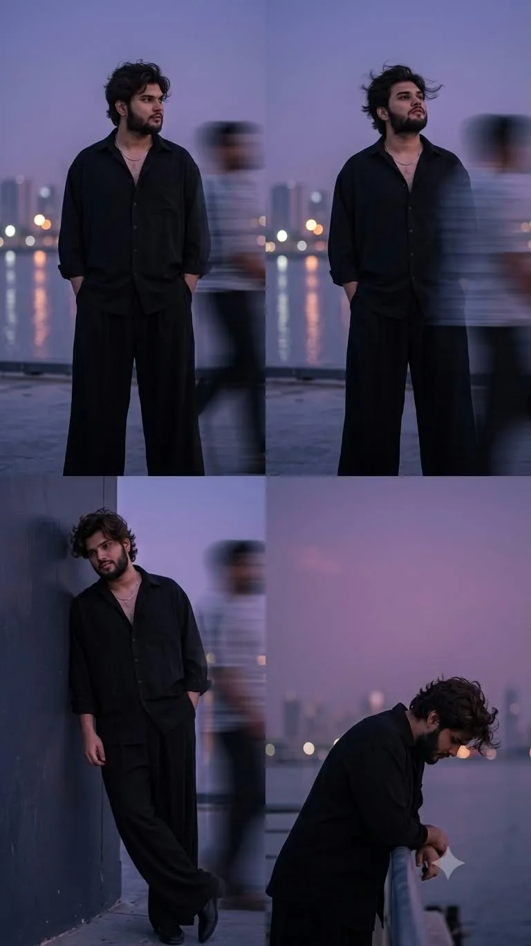 Create a highly accurate four-panel cinematic editorial portrait collage using the uploaded user photo as the ONLY source of the subject’s