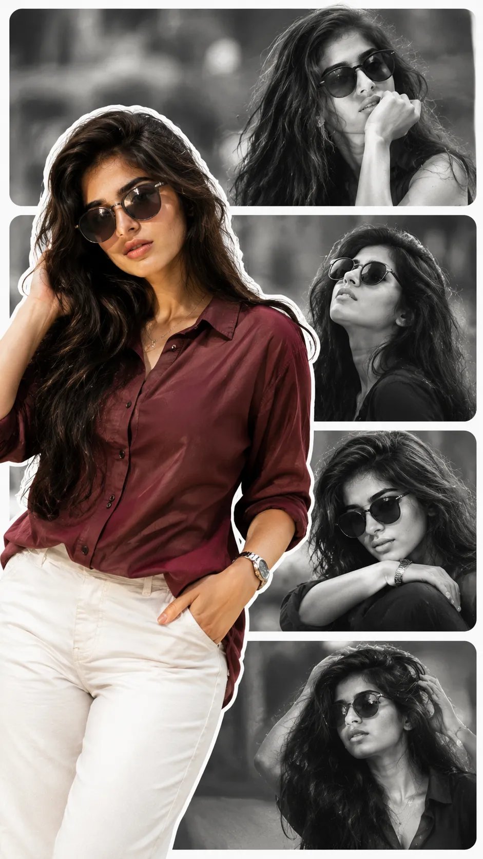 Create a 9:16 luxury editorial fashion collage using the uploaded photo as the exact facial identity reference.