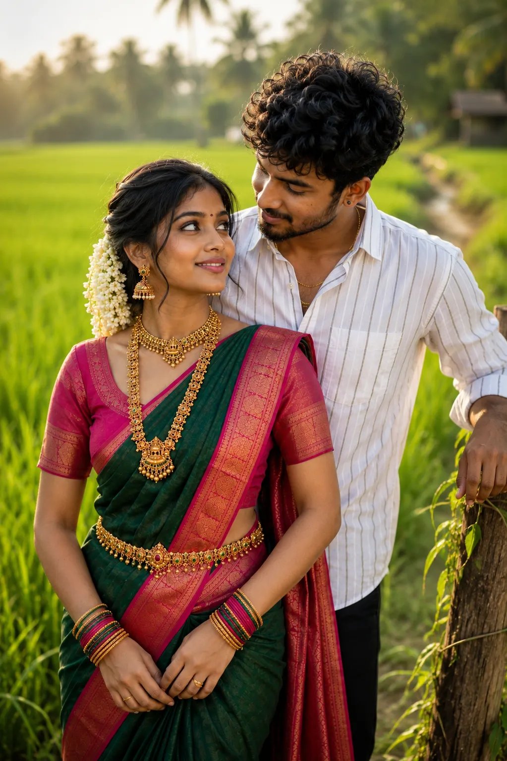 β¨π Couples pre wedding shoot πΈβ¨ A realistic 3D portrait of a young Indian couple standing in a lush green paddy field.