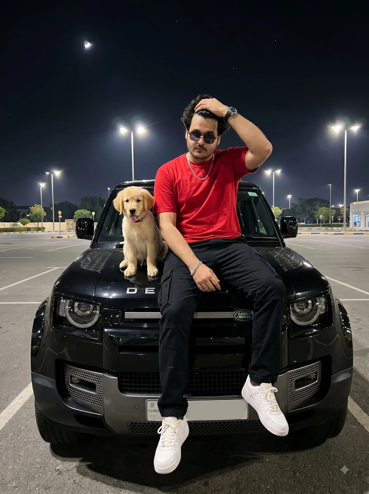 A keeping the same face and hairstyle of 25 years old man with dark, wearing a red shirt, black cargo lose jeans, white sneakers, bracelet,