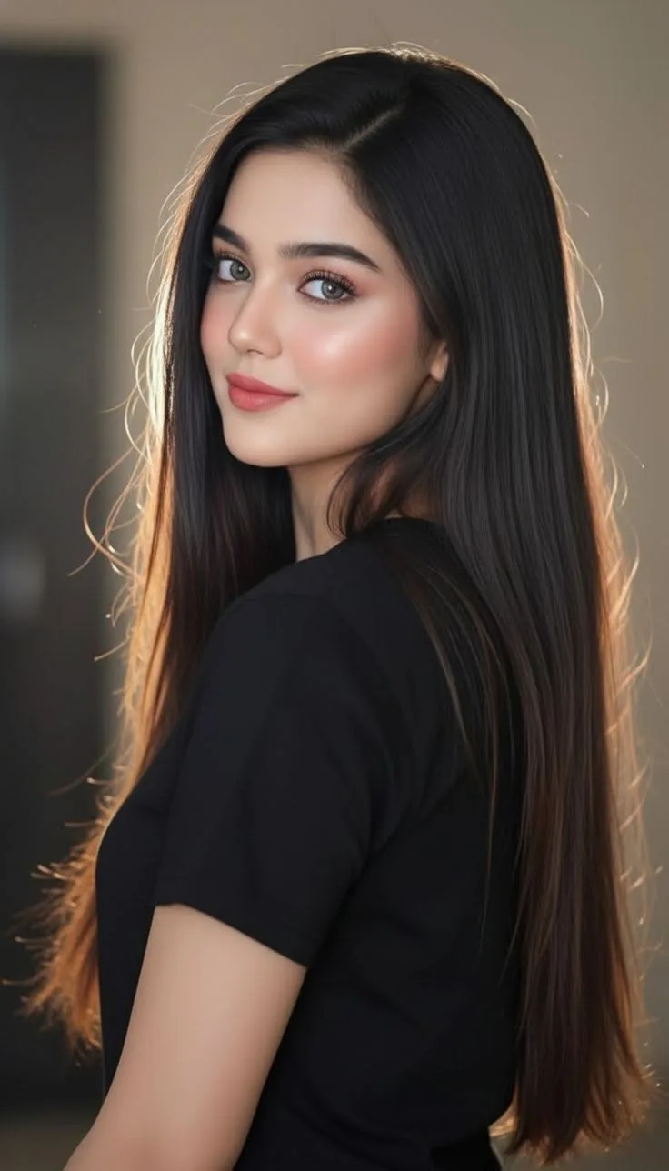 A high-quality, realistic cinematic portrait of a beautiful young Pakistani woman looking over her shoulder with a gentle smile.