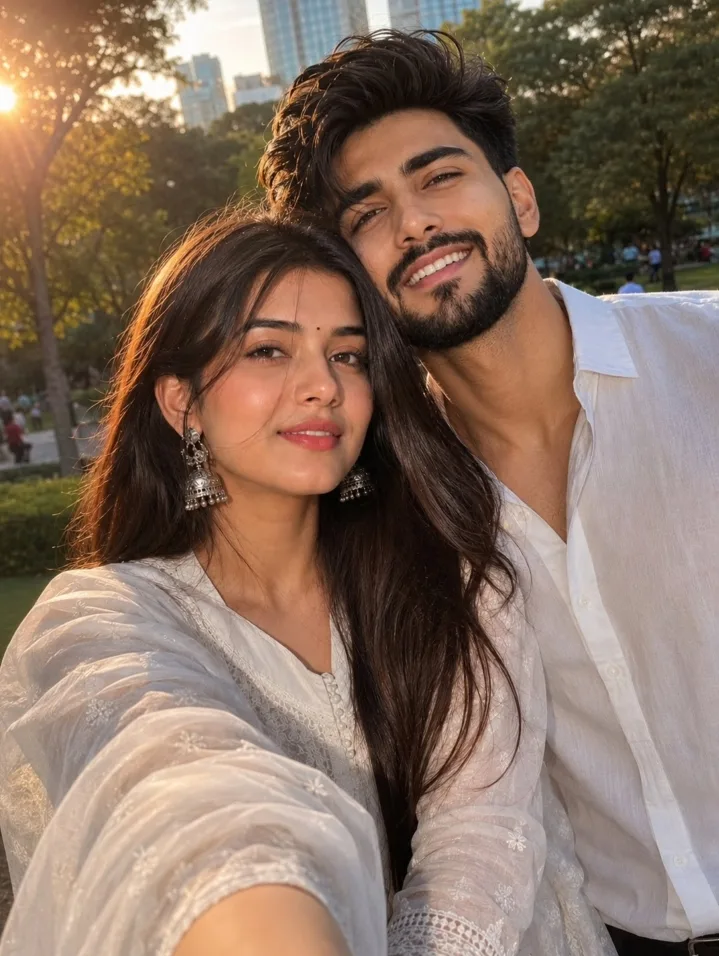 A realistic modern couple selfie shot on an iPhone camera.