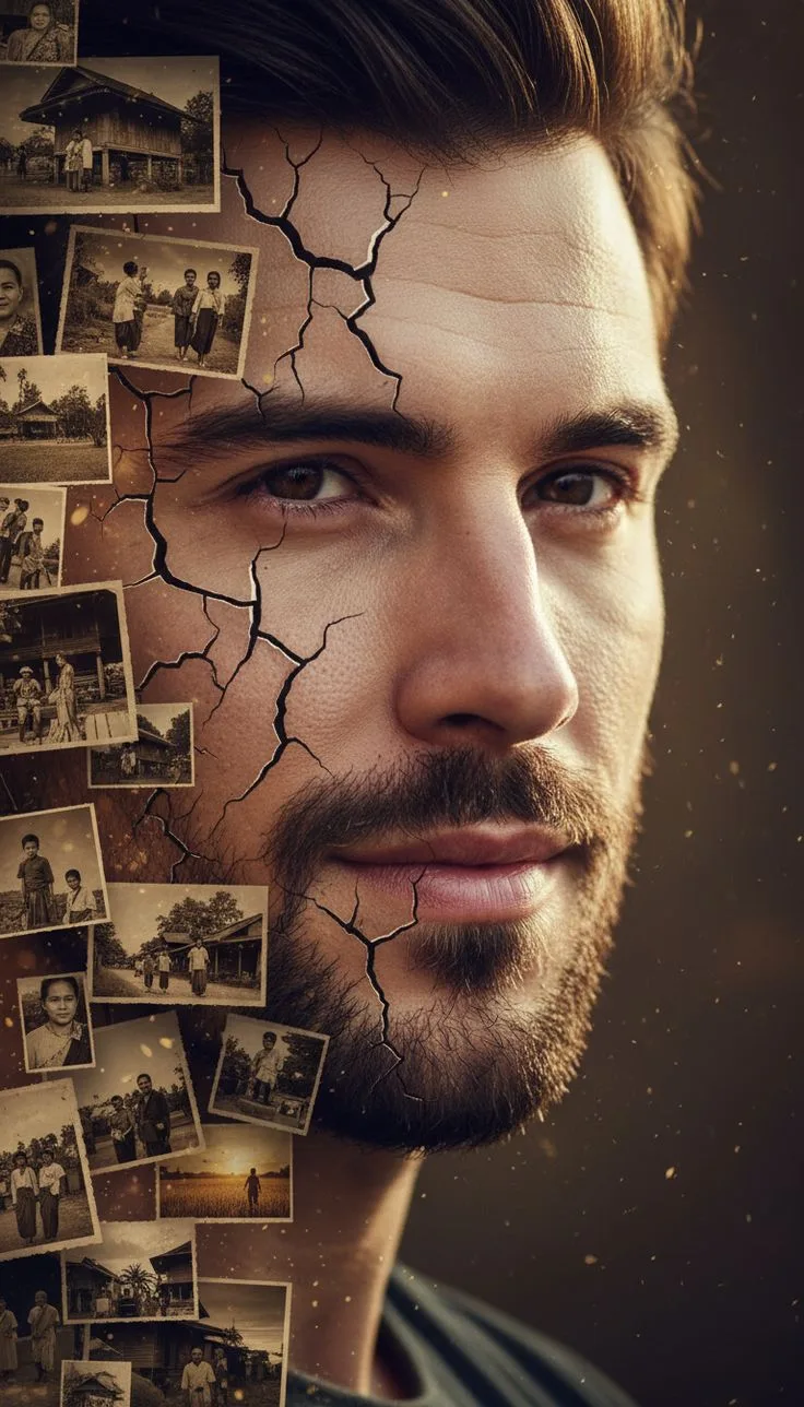A dramatic surreal conceptual portrait close-up of a handsome young man with dark hair and a beard, looking directly forward.