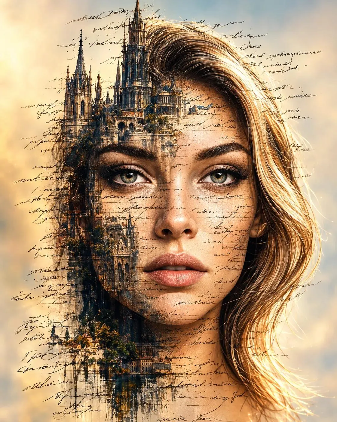 Create an ultra-realistic, high-resolution artistic double-exposure portrait based specifically on the uploaded reference image.