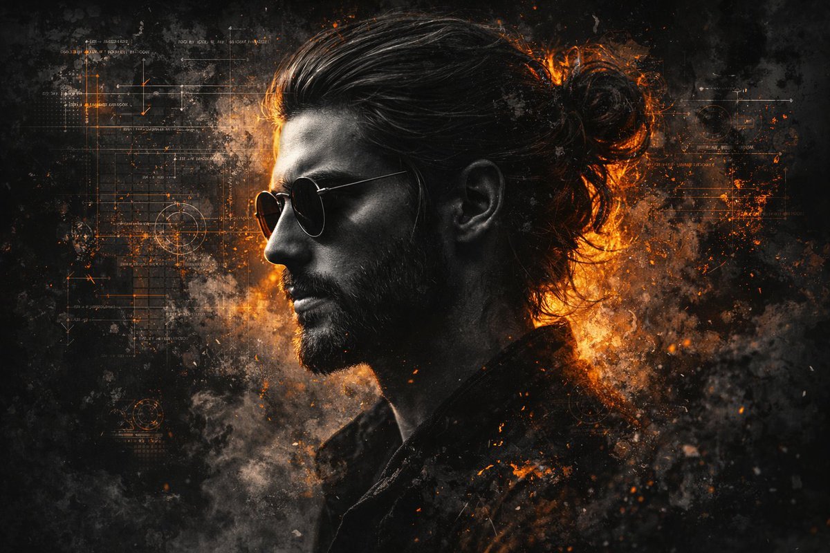 Cinematic side-profile portrait of a man with a rugged beard and long hair tied in a loose man bun, wearing round dark sunglasses.