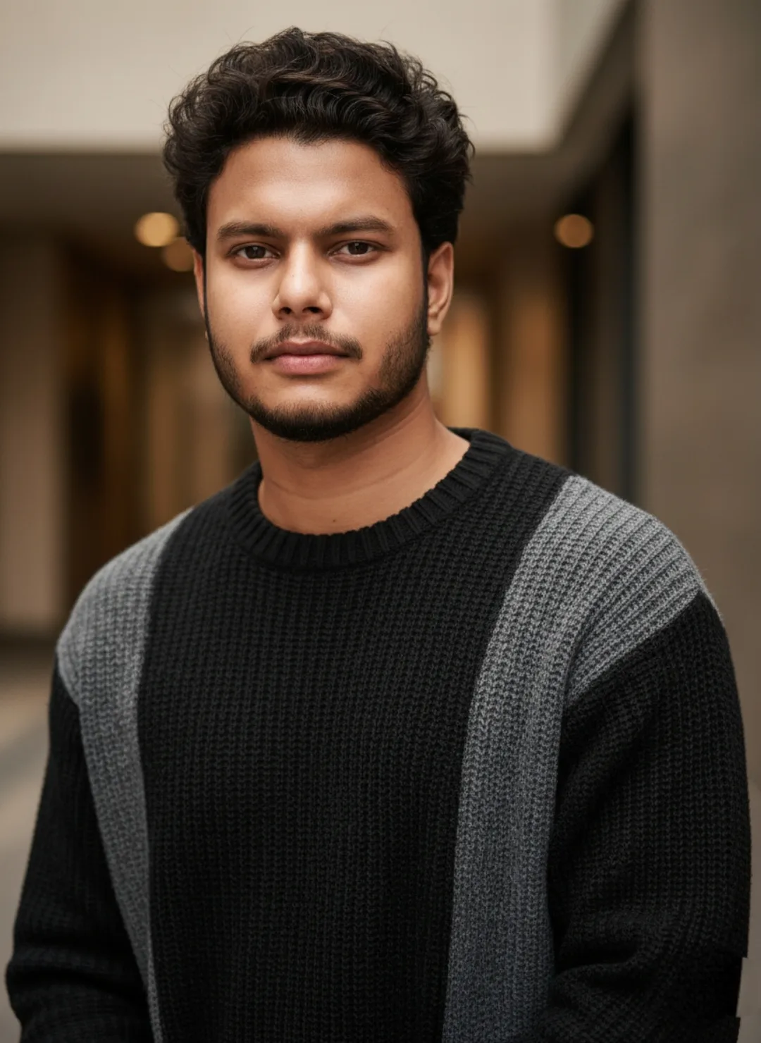 > Prompt: A professional medium close-up portrait of a 26-year-old South Asian man with an athletic yet approachable build, standing