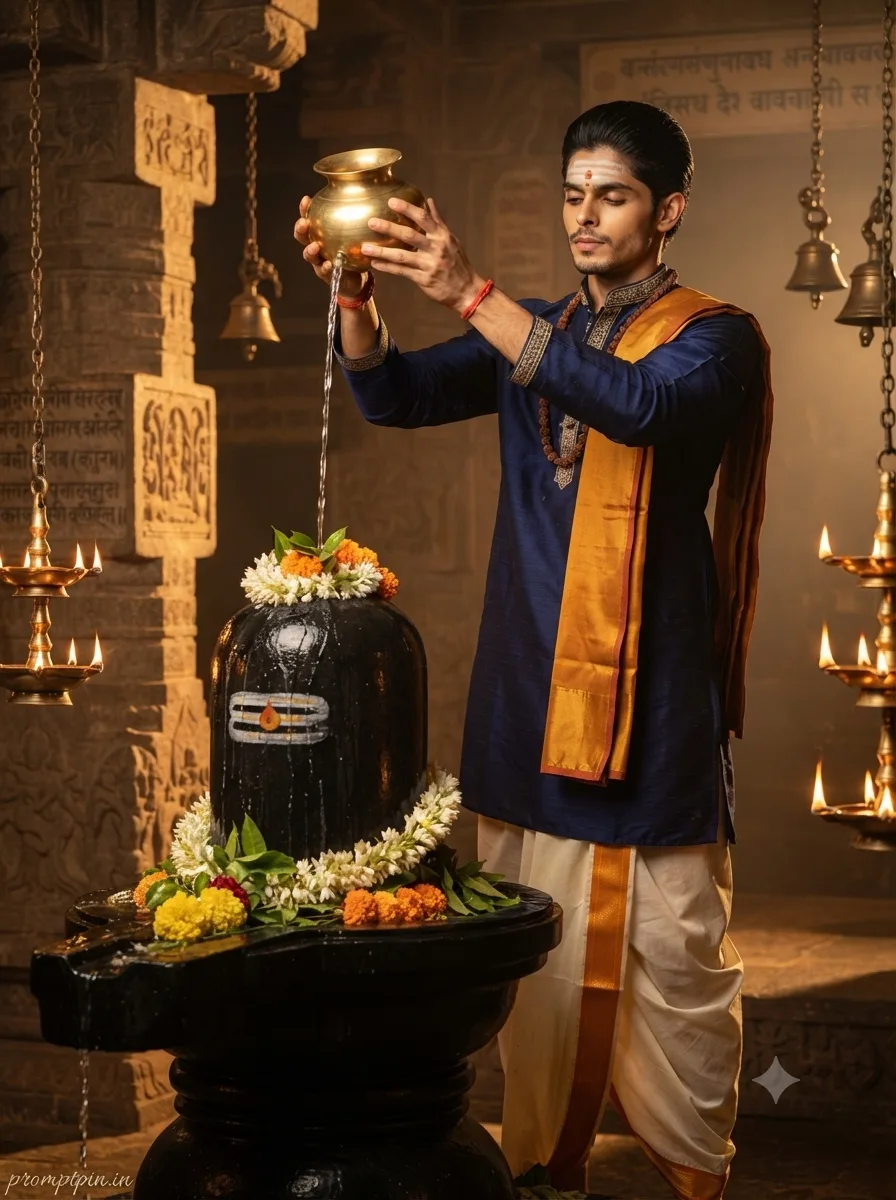 A soft golden glow is already warming the ancient carved stone pillars when he steps into frame.