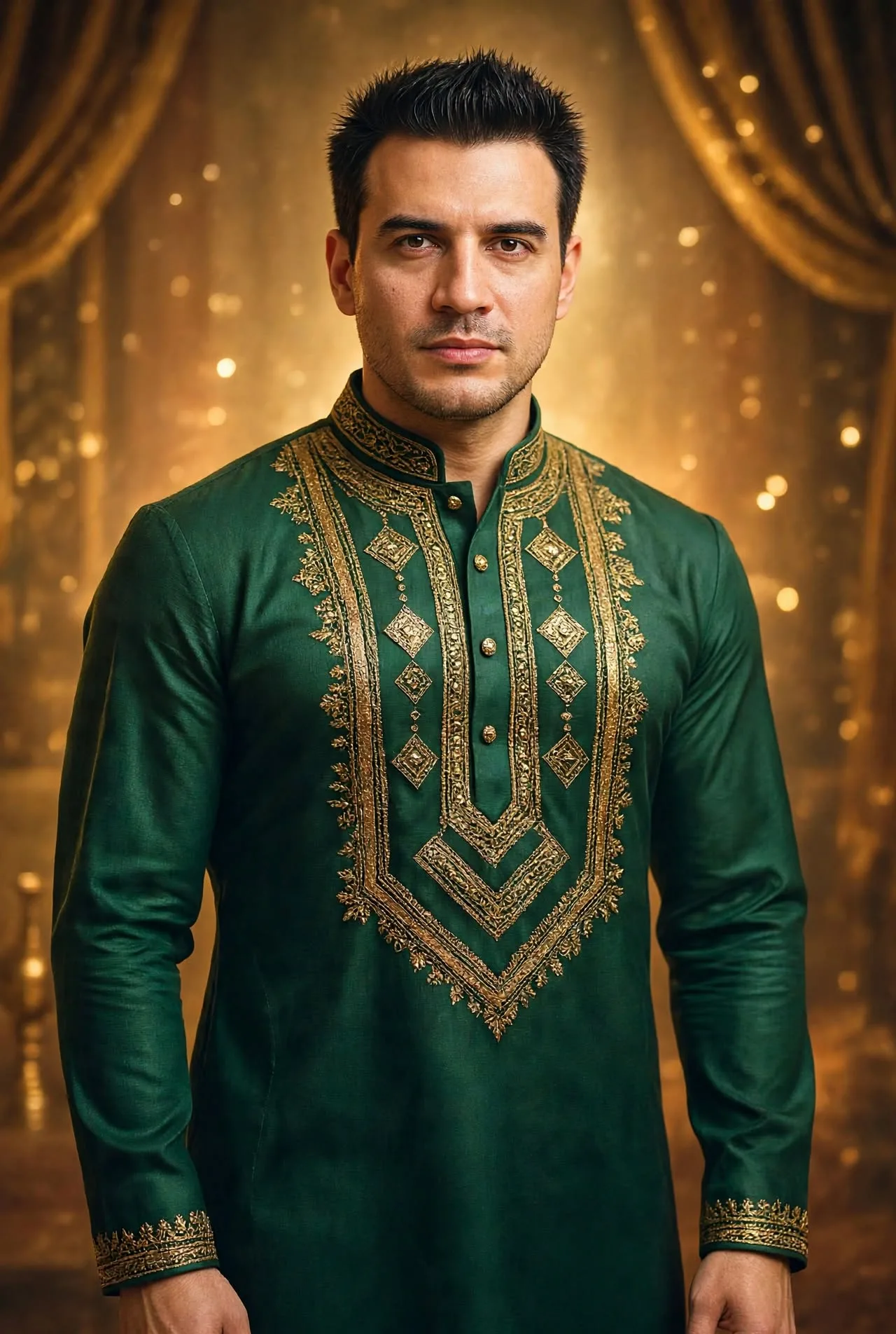 A handsome man in his 30s with short spiked black hair, light stubble, strong jawline, wearing an emerald green traditional Indian kurta