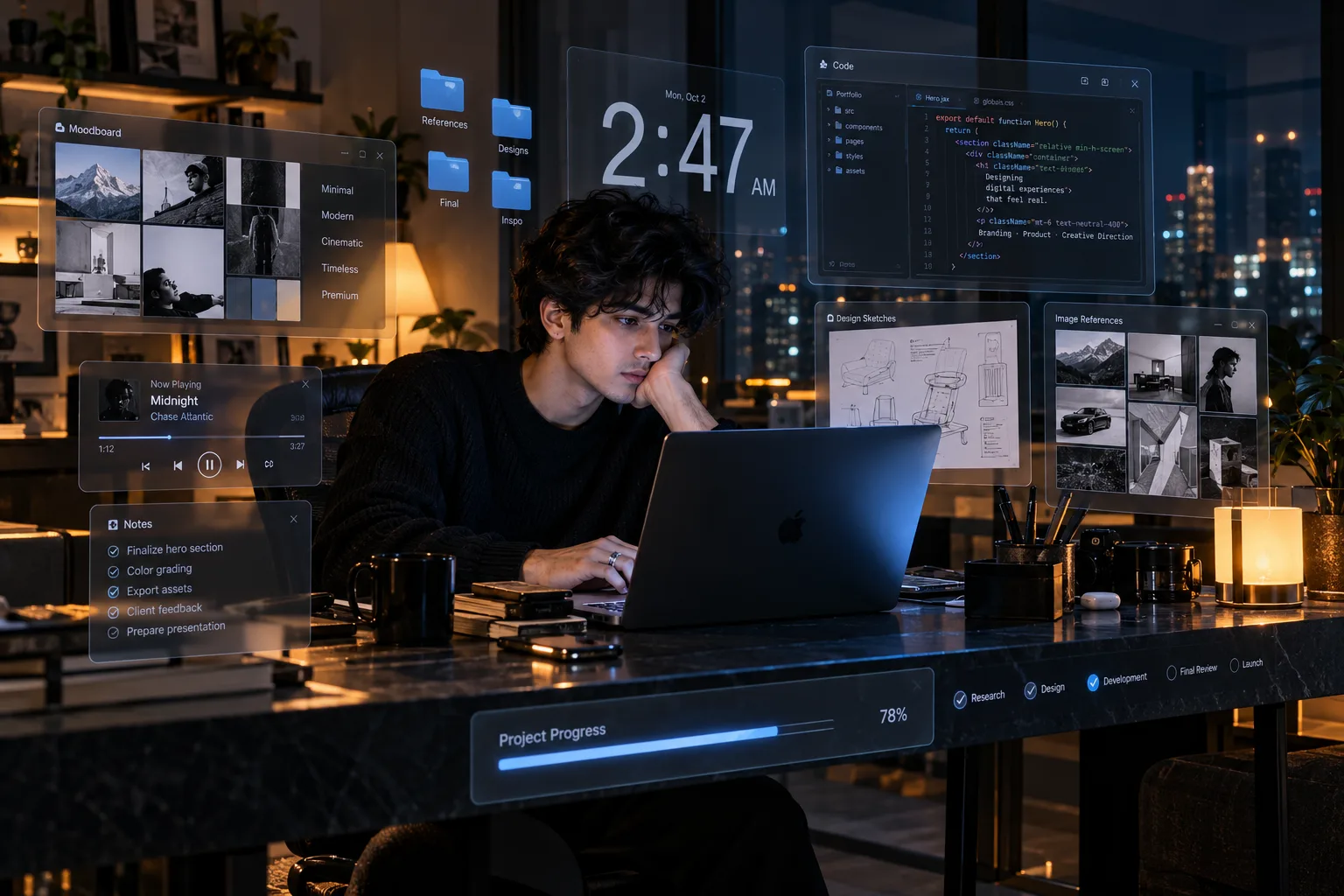 Create a cinematic premium editorial photograph of a young adult male designer working alone at exactly 2:47 AM at a minimalist dark-stone