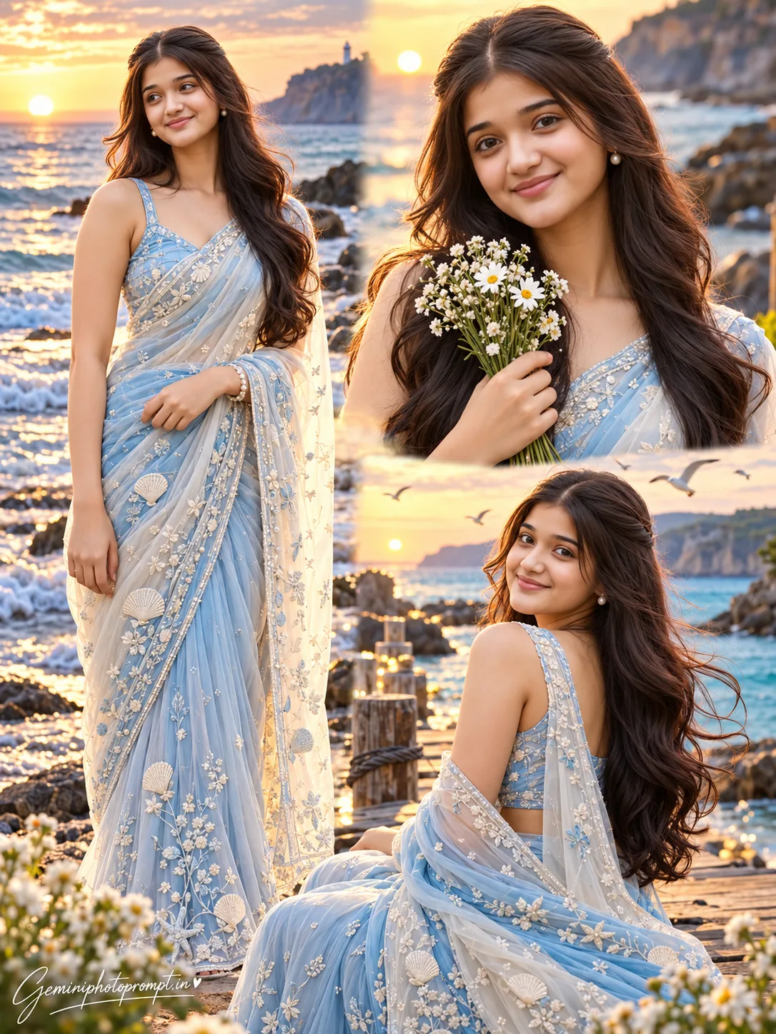 CREATE A HIGH-END PHOTOREALISTIC CINEMATIC 8K HDR THREE-PERSPECTIVE PORTRAIT COLLAGE OF THE EXACT SAME ADULT SOUTH ASIAN WOMAN FROM THE