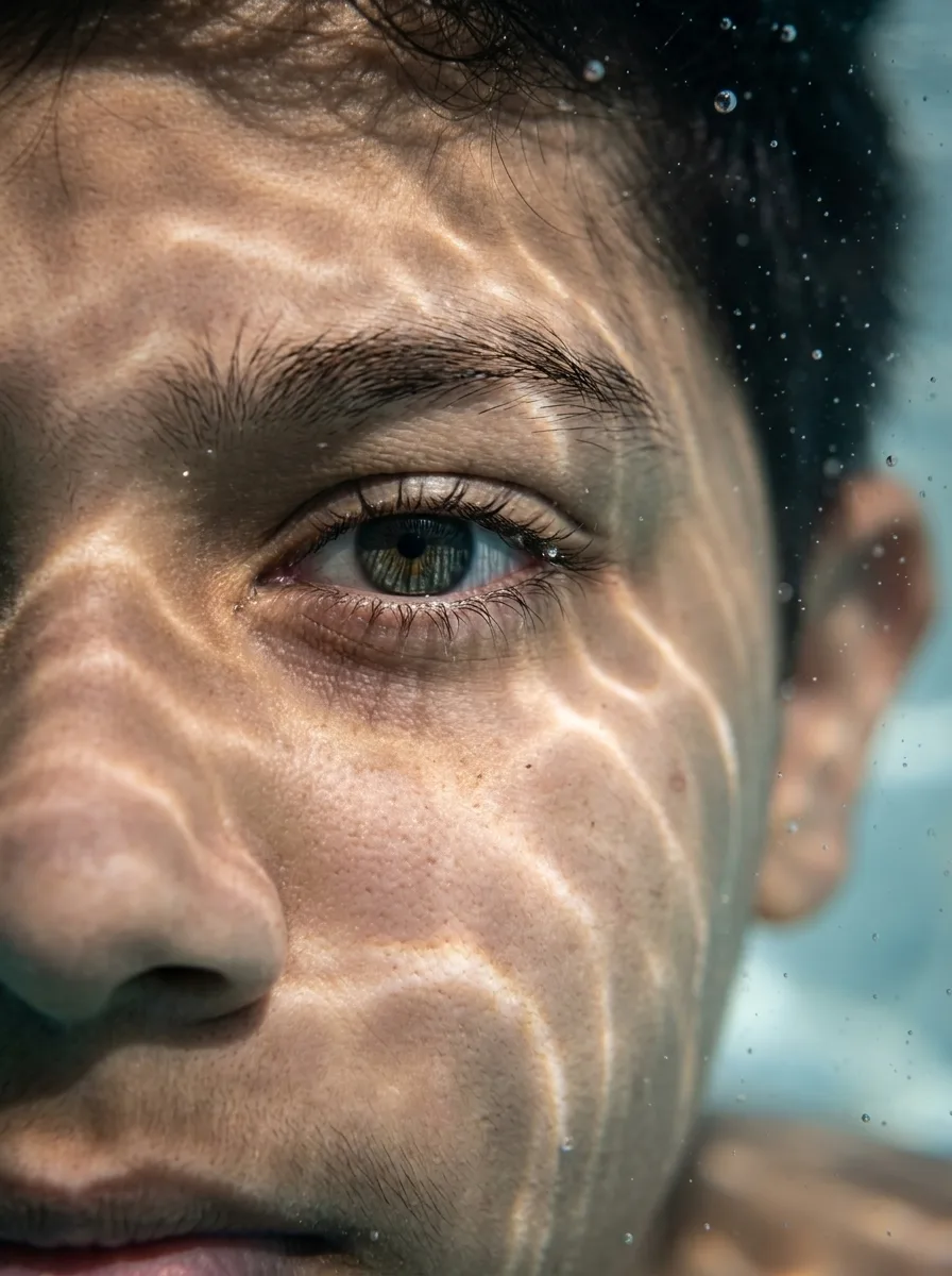 Hyper-realistic, ultra-detailed close-up portrait showing only the left half of my face submerged in water, one eye in sharp focus,