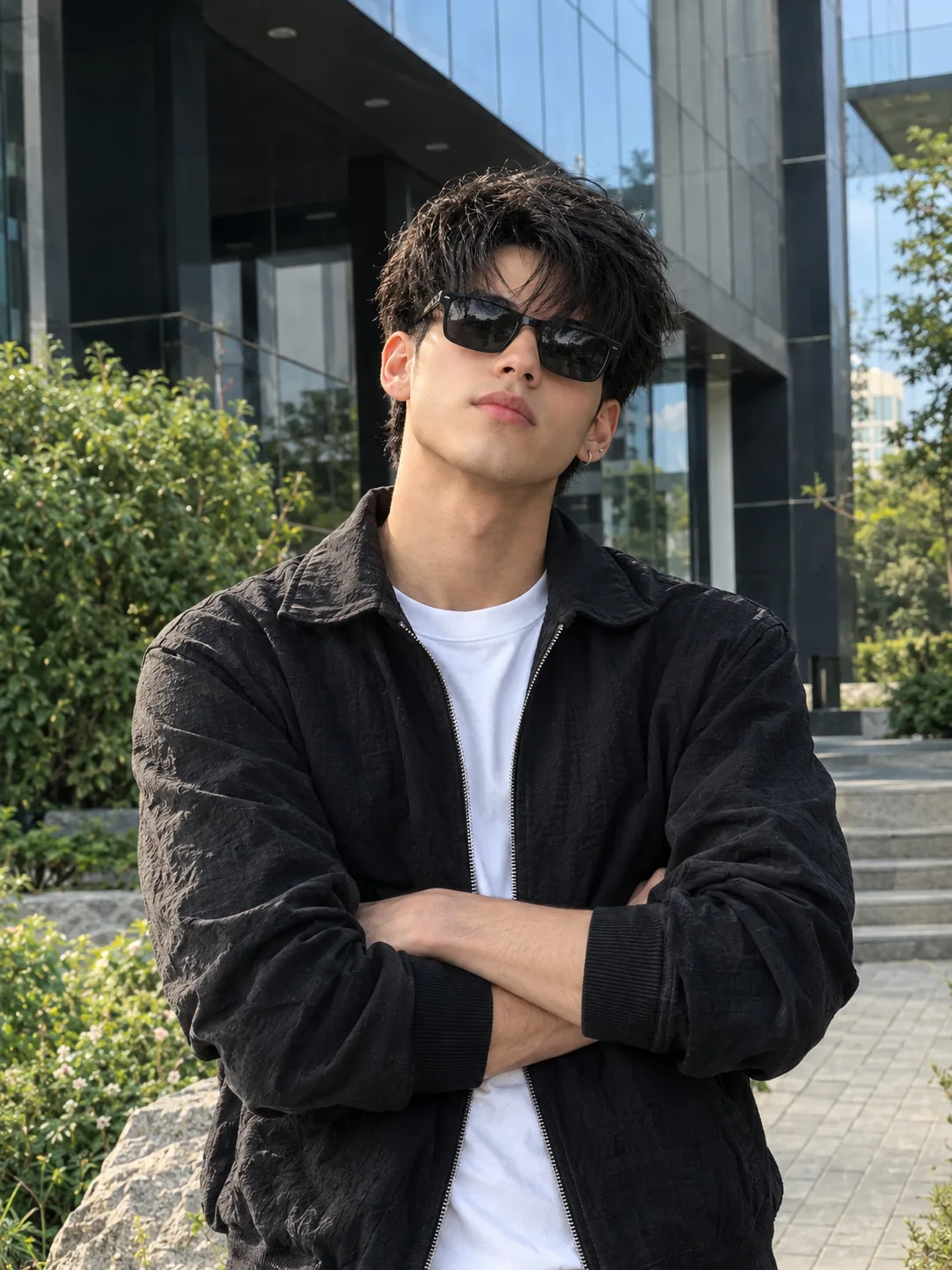 Ultra realistic photograph of a stylish young Indian man standing confidently outdoors in front of a modern glass-and-concrete building,