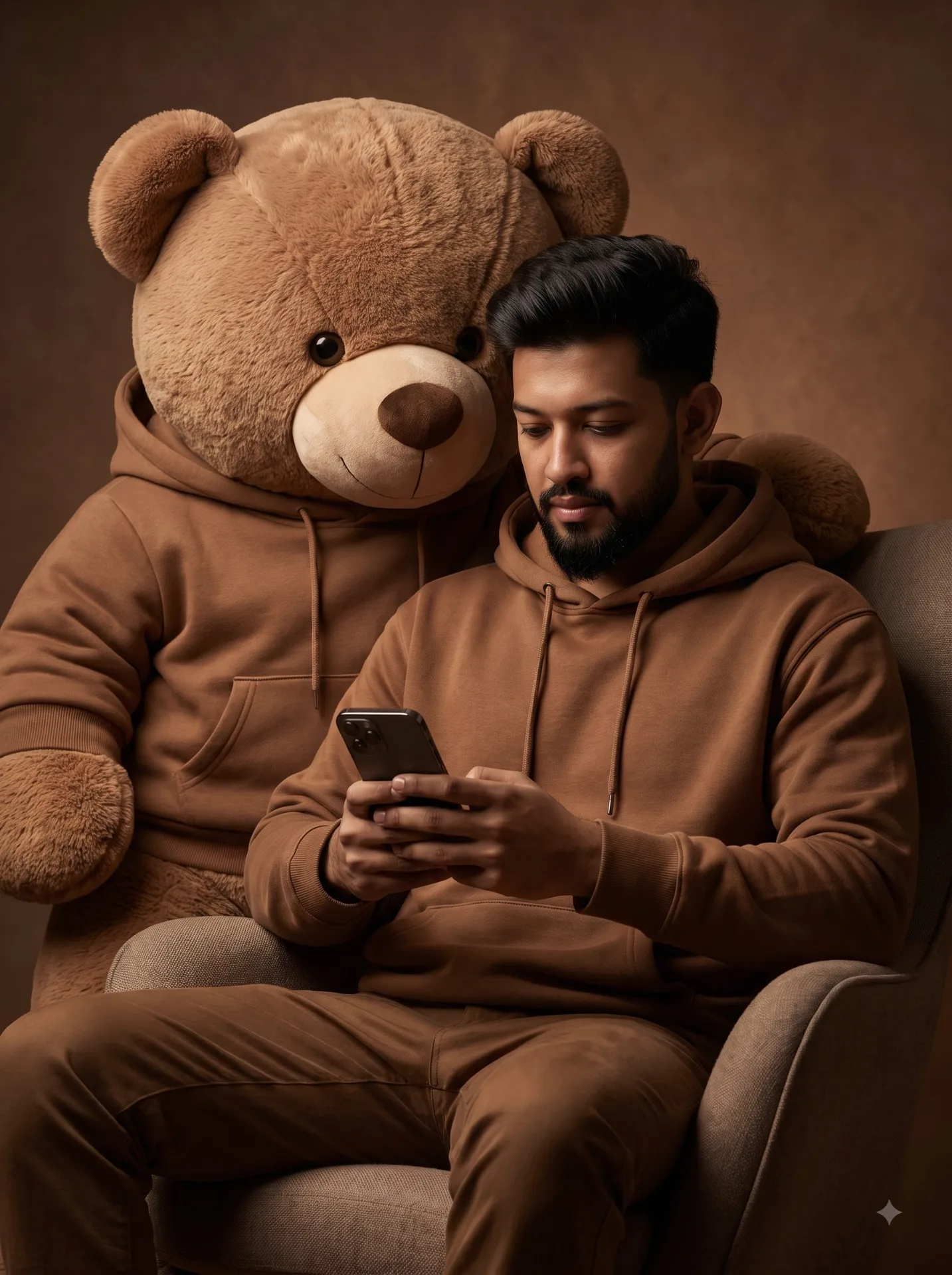A HIGH-QUALITY, CINEMATIC STUDIO PORTRAIT OF A YOUNG MAN WITH A WELL-GROOMED BEARD, SITTING COMFORTABLY AND LOOKING DOWN AT HIS SMARTPHONE.