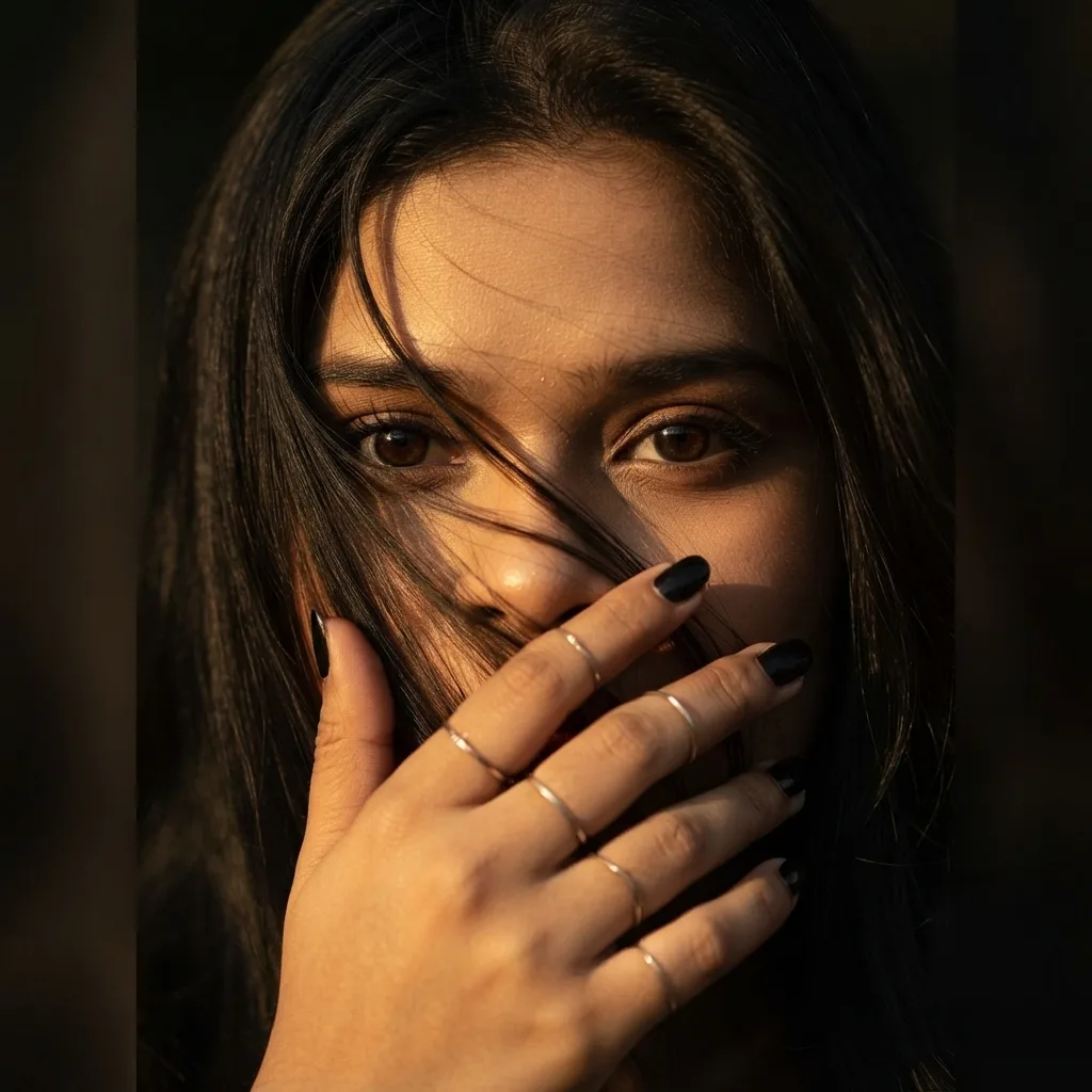 Use the uploaded image and create a Ultra-realistic cinematic facial close-up portrait of a mysterious young woman with deep expressive