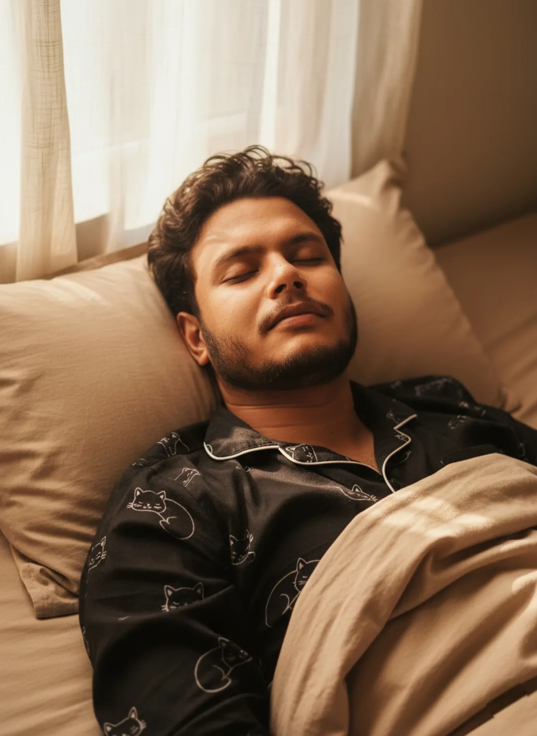 A cinematic, photorealistic portrait of a 26-year-old South Asian man with short dark hair and a neatly trimmed beard, exactly matching the