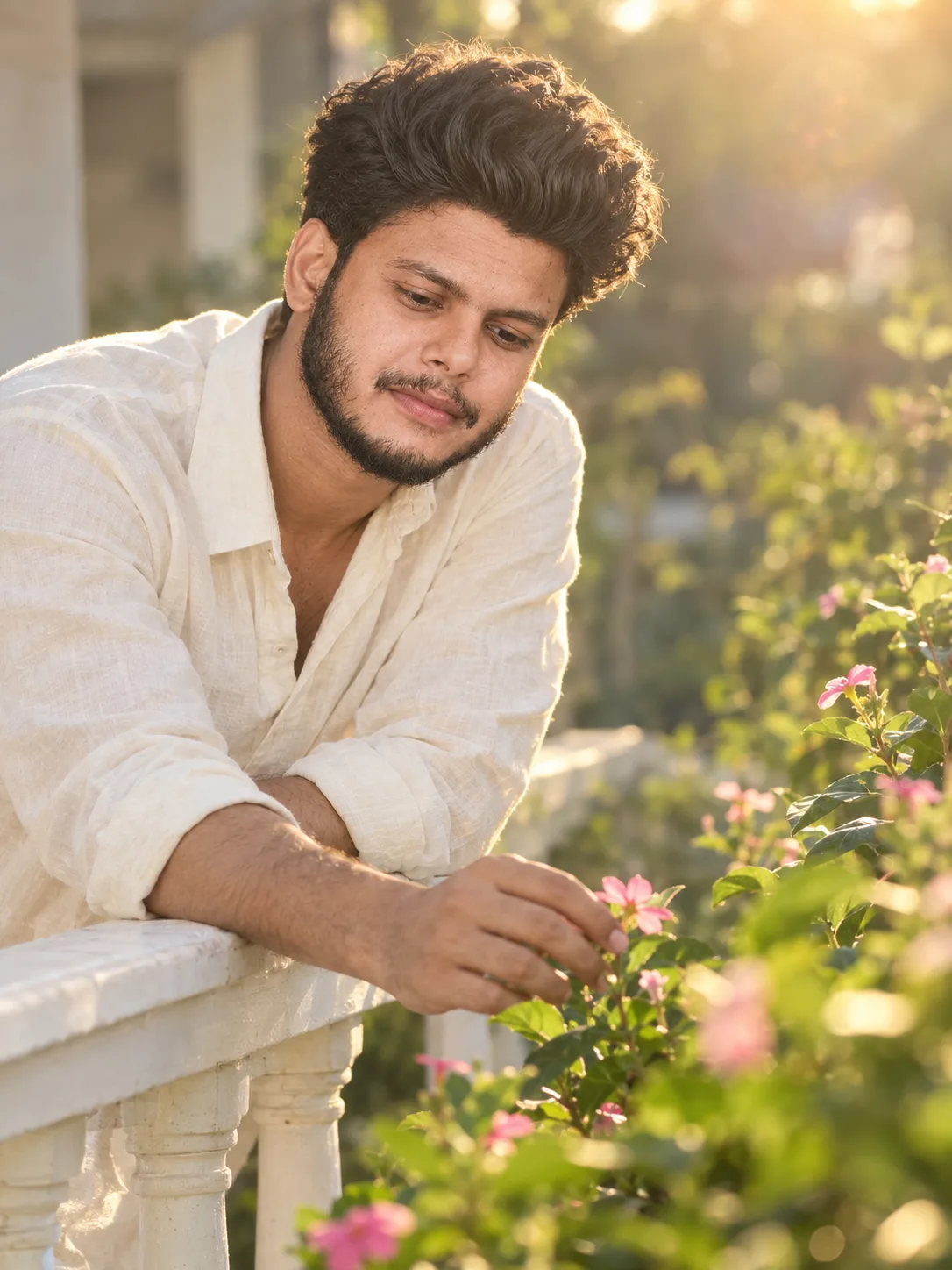 Subject & Identity: A young South Asian/Indian man leaning gently over a classic white-painted garden balcony railing, carefully reaching