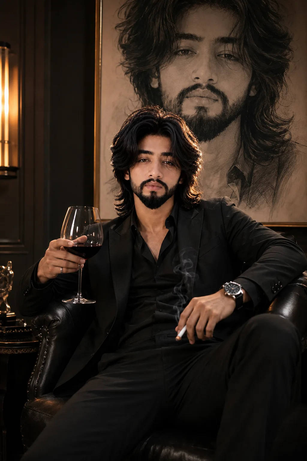 A high-quality, cinematic portrait of a handsome young man with messy black hair, sitting in a black luxury leather armchair.