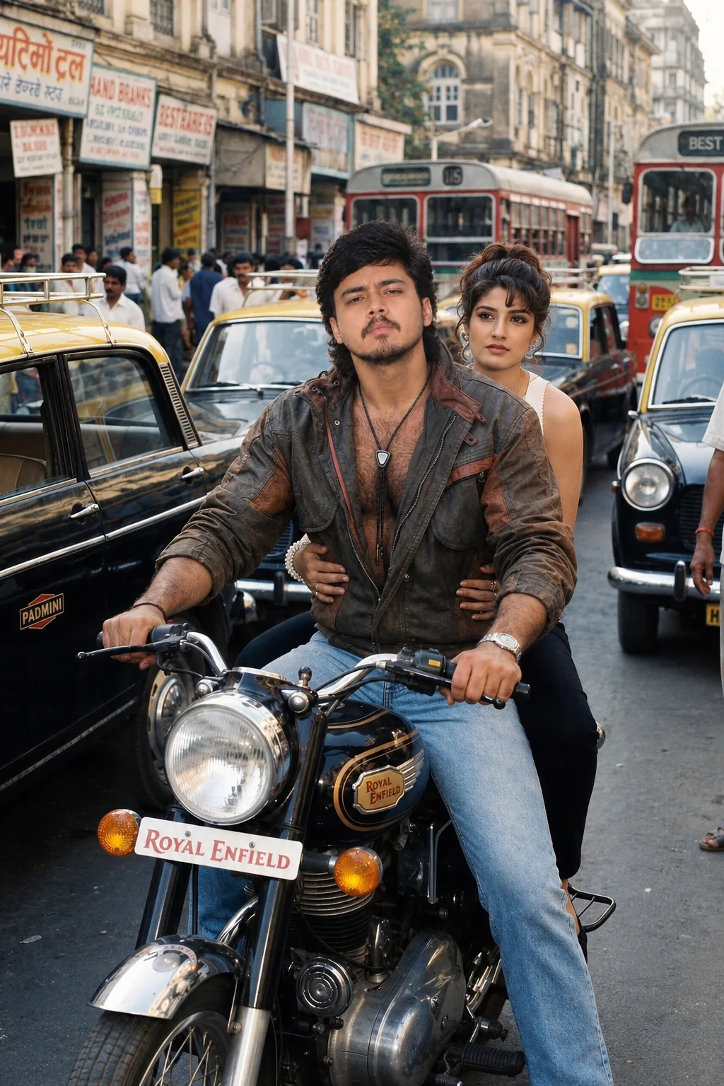A cinematic, ultra-realistic vintage Bollywood-style photograph set on the bustling streets of old Mumbai.