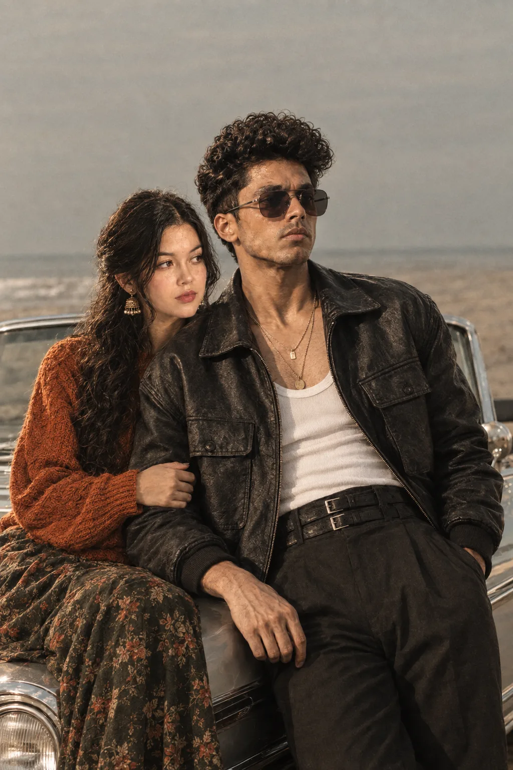 Create an ultra-realistic cinematic fashion editorial portrait of a stylish young South Asian couple sitting closely together on the hood