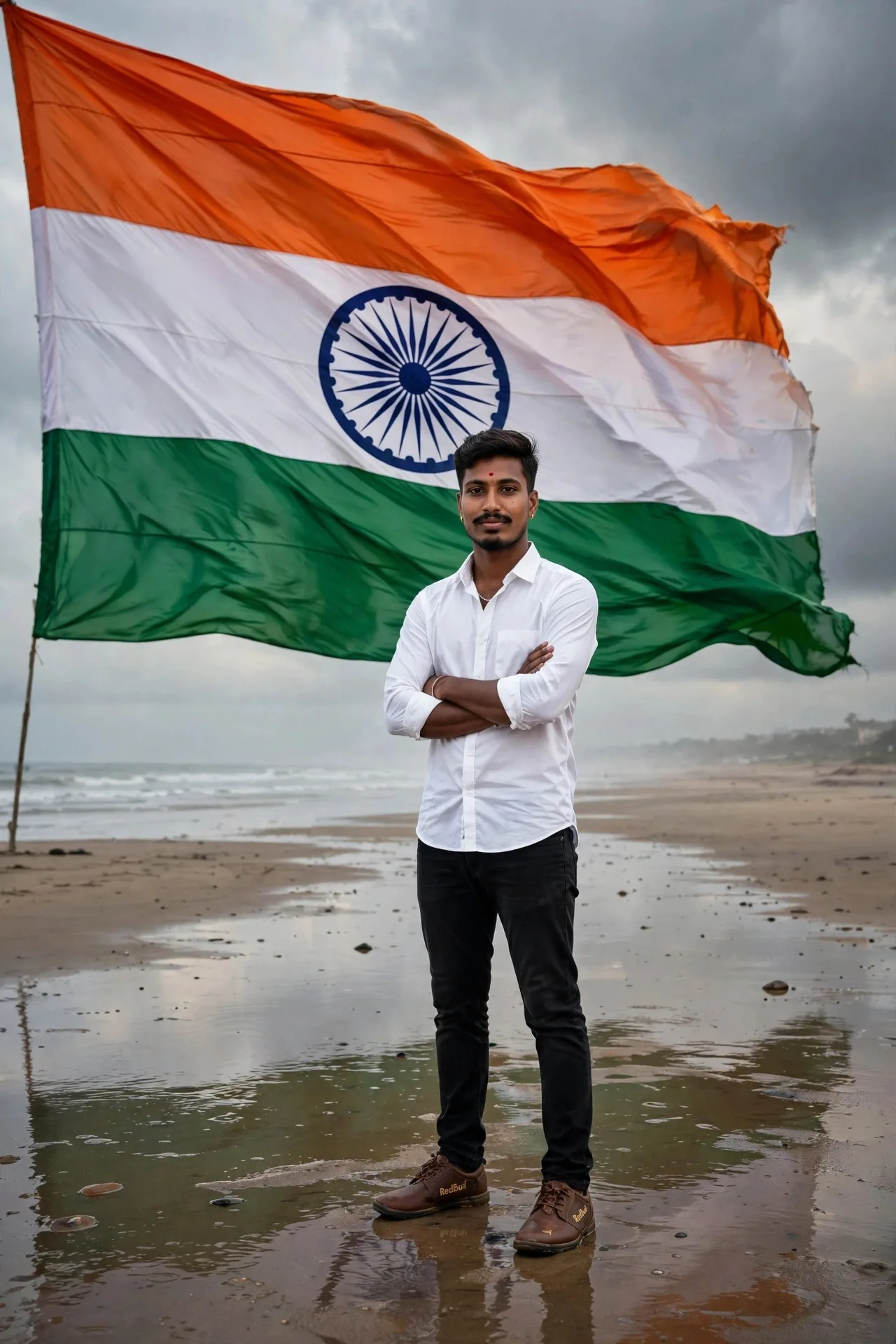 A patriotic Independence Day poster featuring a young man standing confidently on a wet beach with his arms crossed, positioned in front of