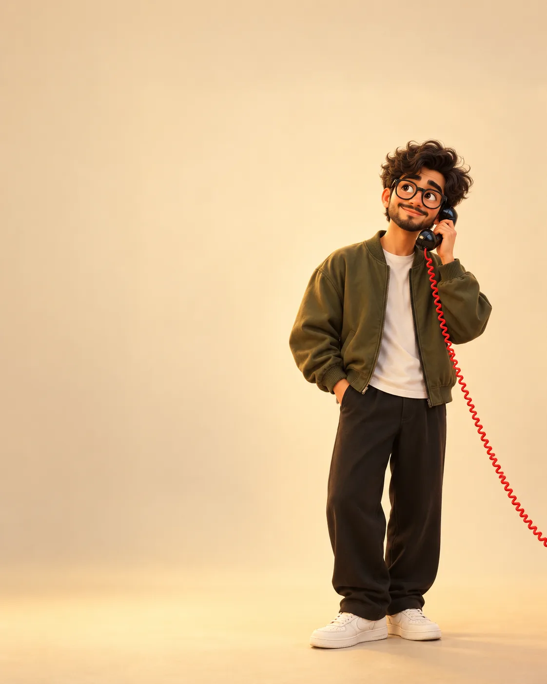 Warm minimalist 3D animated editorial illustration of a cute young man with tousled dark-brown hair, large round black glasses, and a