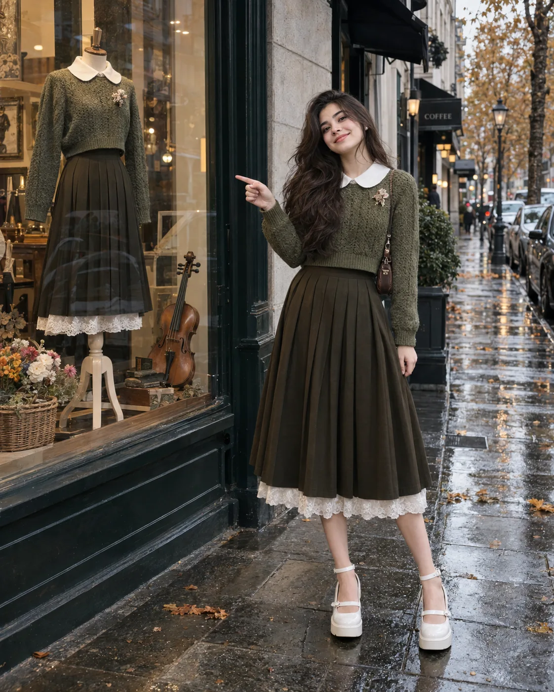 A photorealistic full-body street-fashion portrait of a young woman standing outside an elegant boutique on a rainy autumn day.