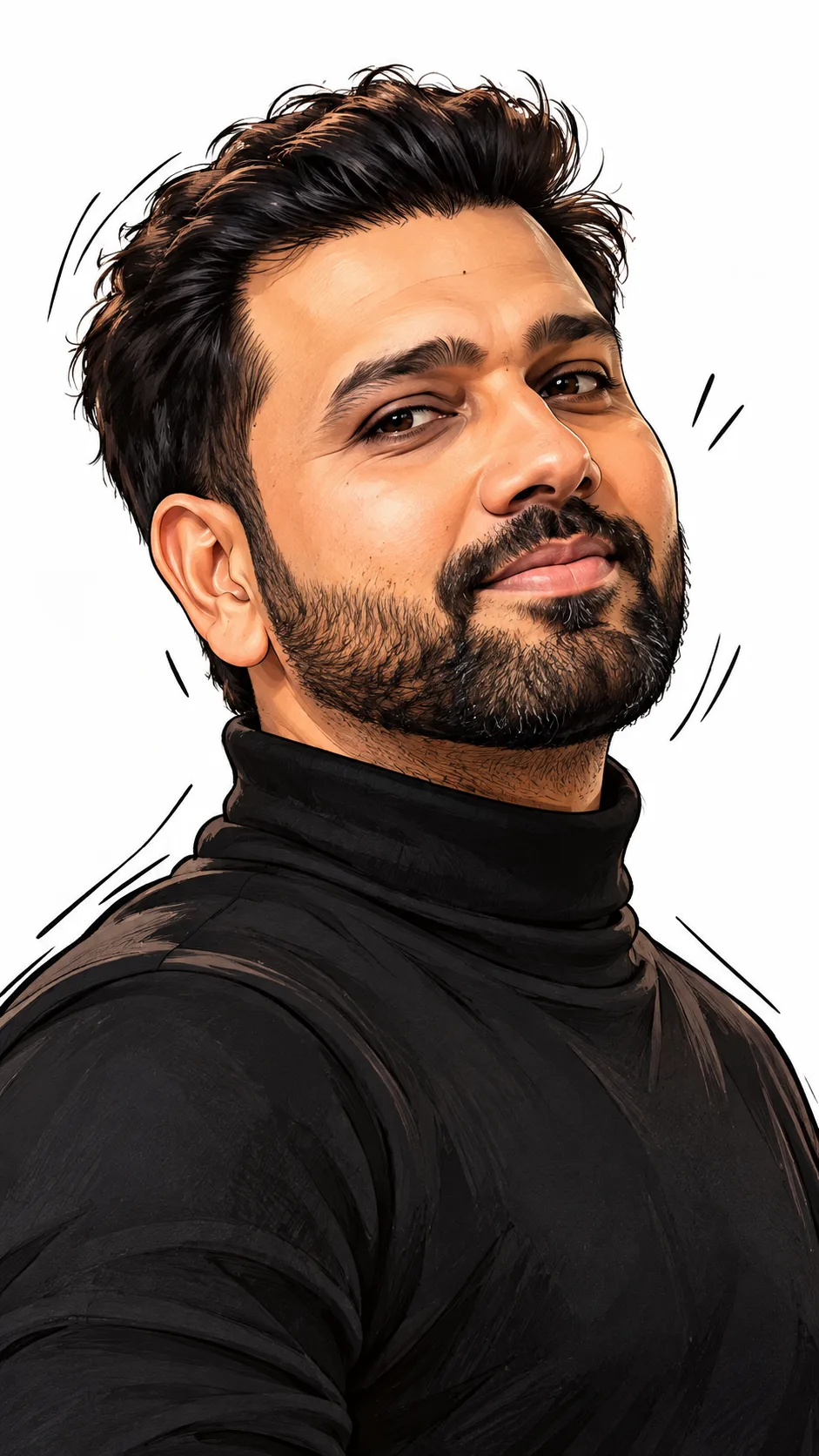 stylized digital caricature bust portrait of a man (image Uploaded) in a friendly confident pose, three-quarter view with the head slightly