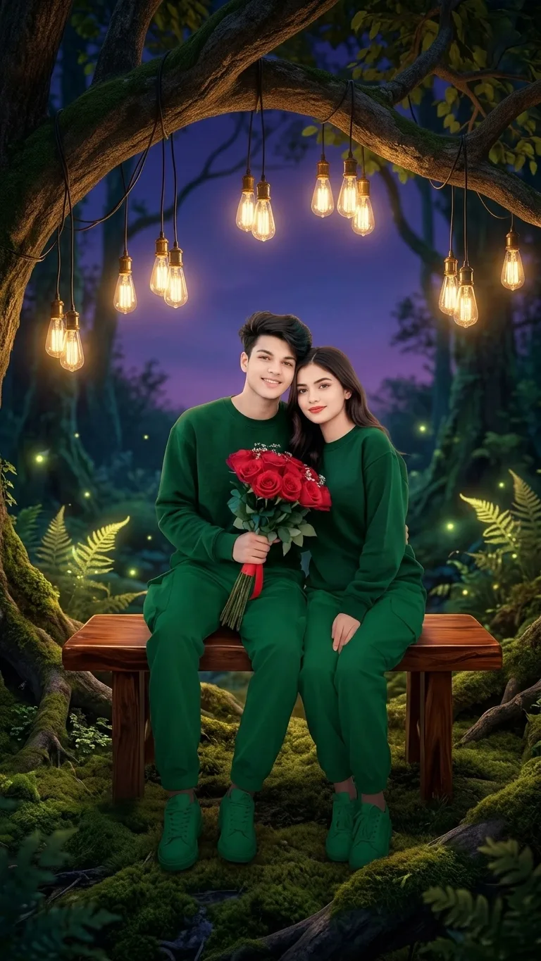 A high-resolution, full-body photograph of a beautiful young couple from `image_97.png`, maintaining their exact pose, likenesses, and