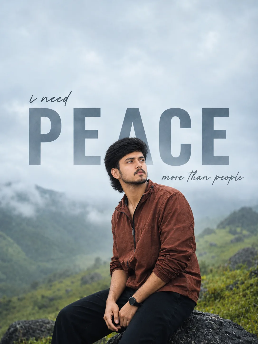 Create a photorealistic cinematic vertical portrait of a young Indian man sitting calmly on a large dark rock overlooking a vast green