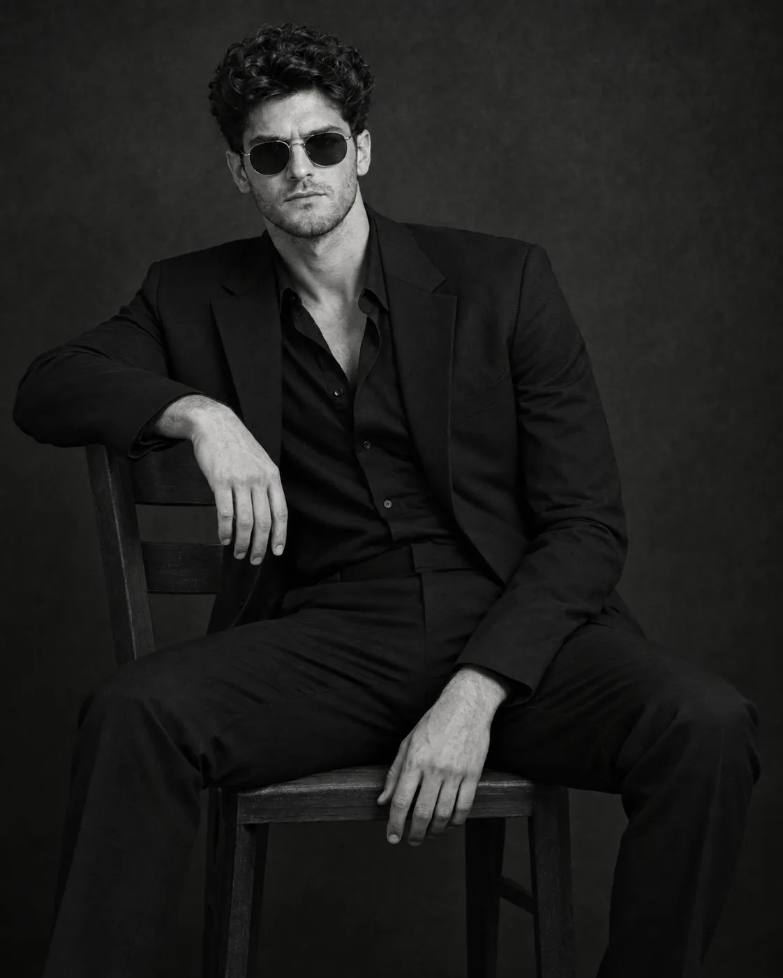 Create an ultra-realistic cinematic black-and-white fashion portrait of a man seated on a minimalist wooden chair in a dark studio.