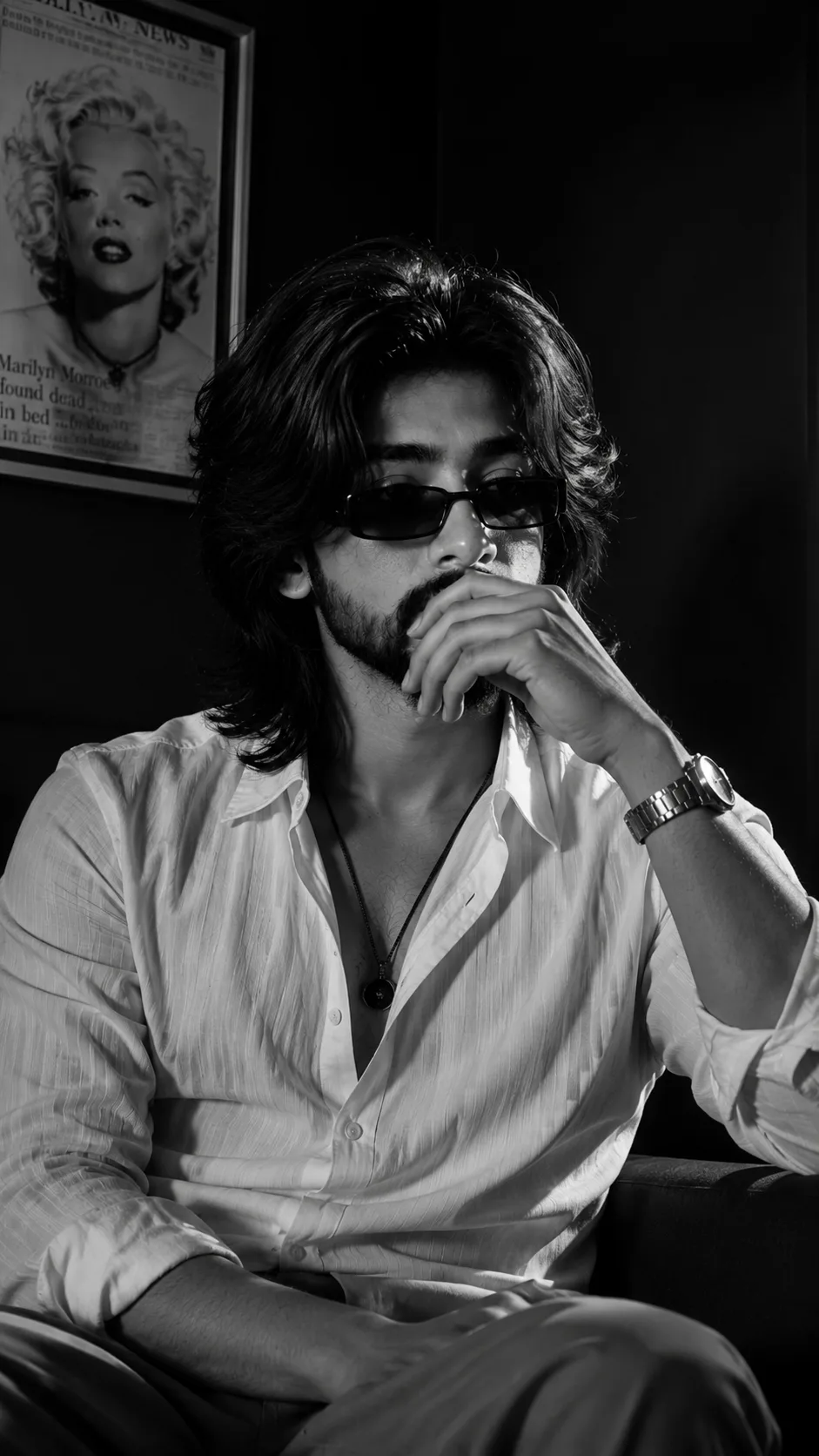 A black and white portrait photo captures a man with long hair and a beard, wearing sunglasses, seated with his hand near his mouth.