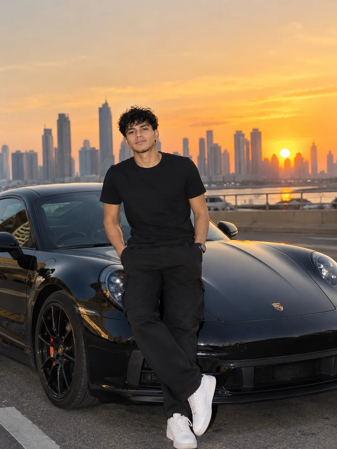 Handsome young man leaning against a luxury black sports car, wearing a stylish black outfit and watch, golden hour sunset lighting, modern