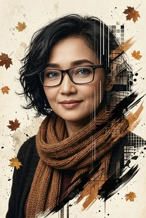 "An artistic mixed-media character portrait of a beautiful Asian woman with short, wavy black hair and elegant black-rimmed glasses,