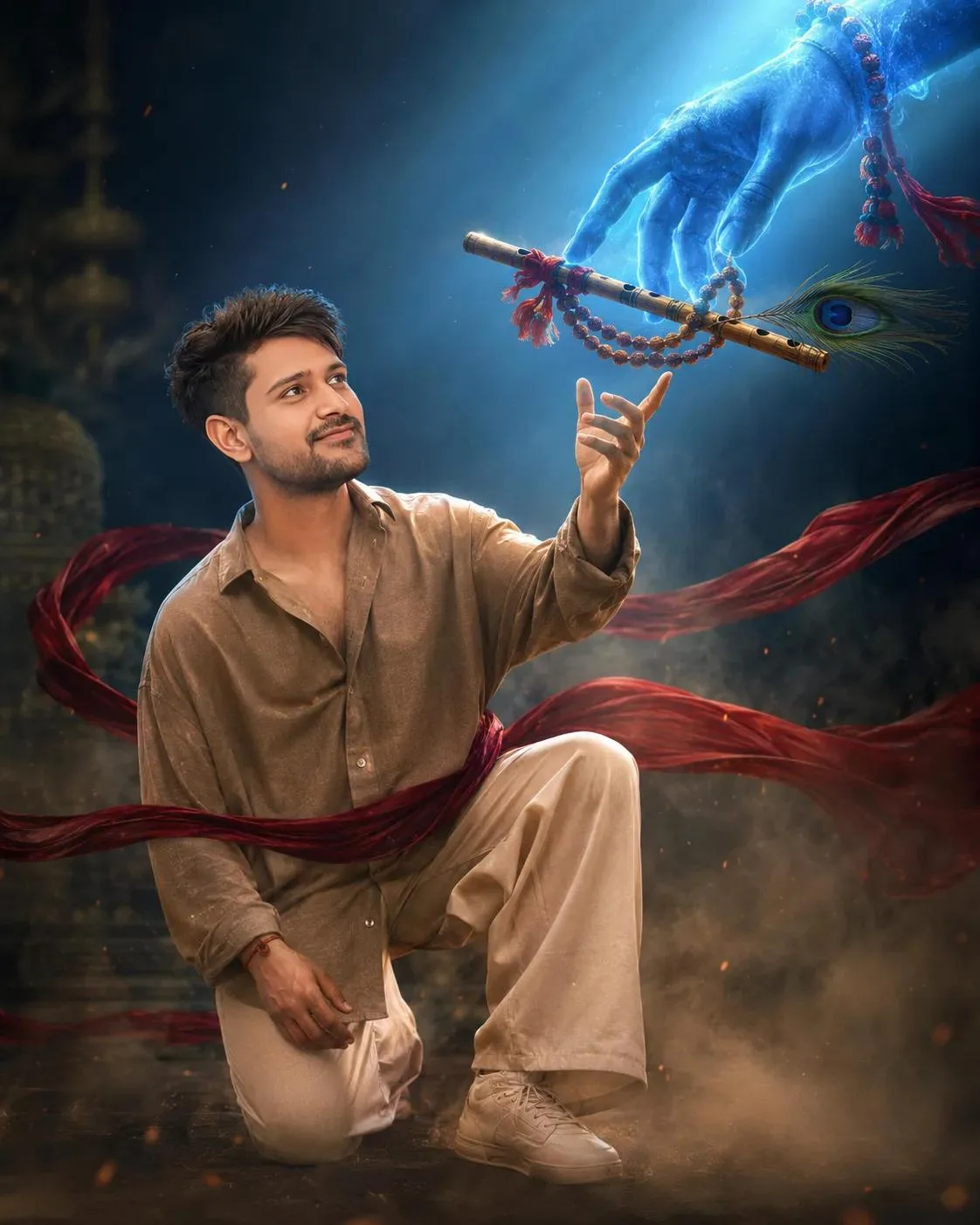 A highly detailed cinematic photo of a young South Asian man kneeling on one knee on a dusty, ancient temple stone floor, looking upward