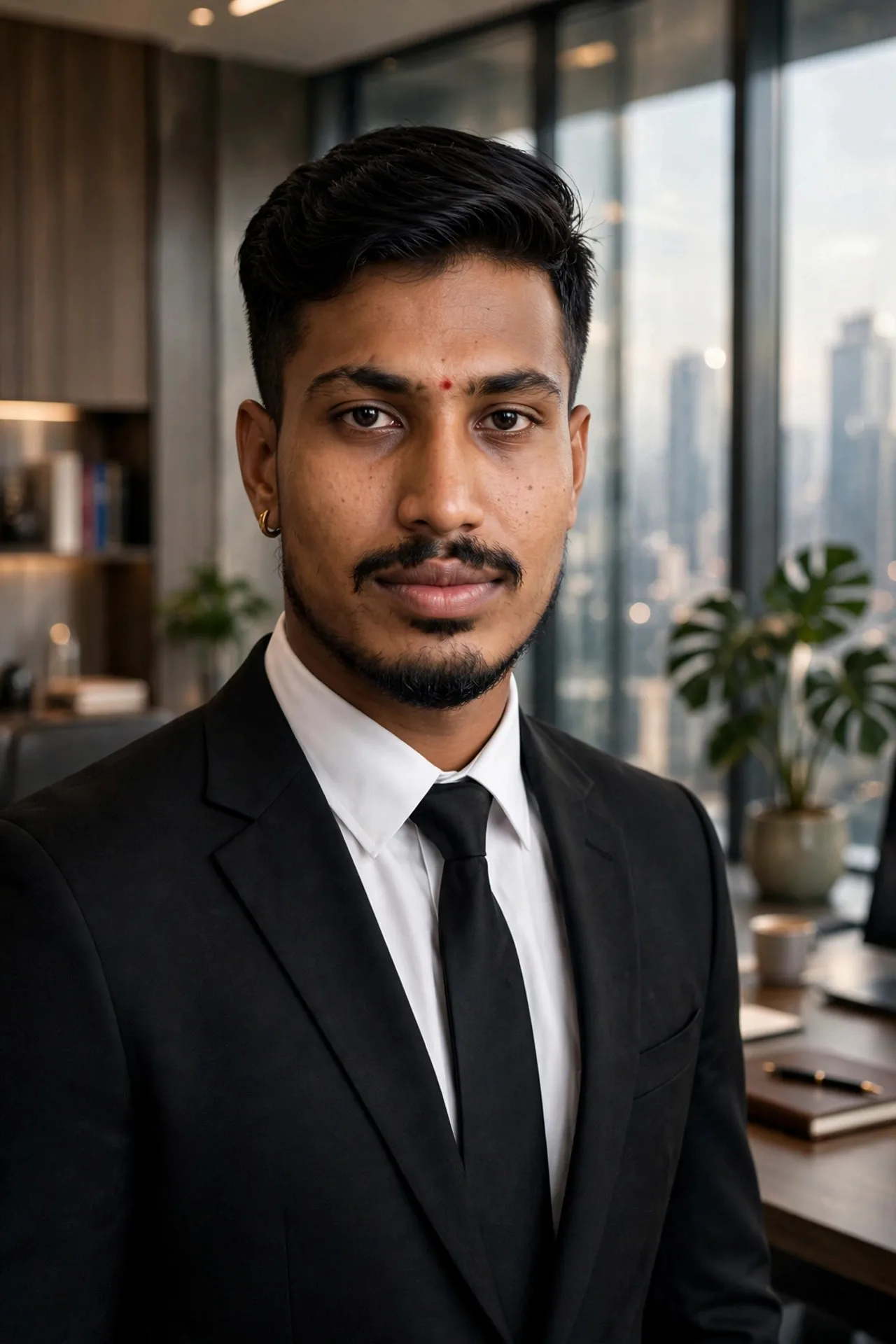 Same boy with this exact face, wearing black formal suit with white shirt and black tie, standing in a luxury office, CEO attitude,