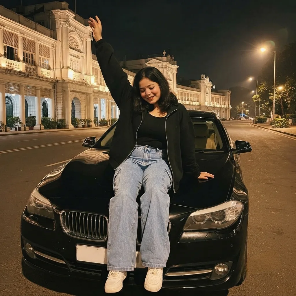 Candid night photo of a young Indian woman sitting relaxed on the hood of a black BMW sedan, one arm raised high in the air and looking