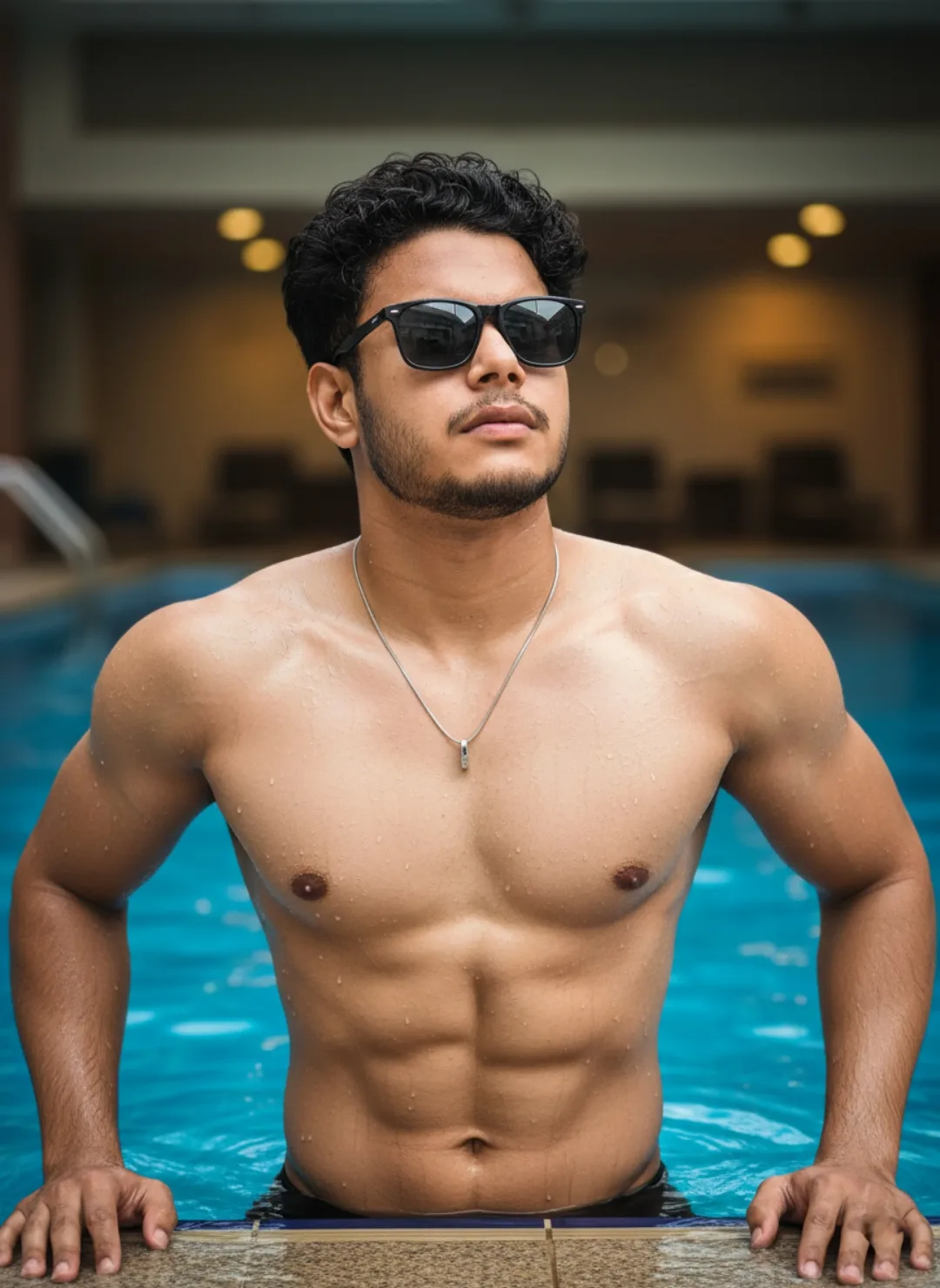 **Prompt:** A highly detailed photorealistic portrait of a fit young South Asian man with curly black hair, light beard and mustache,