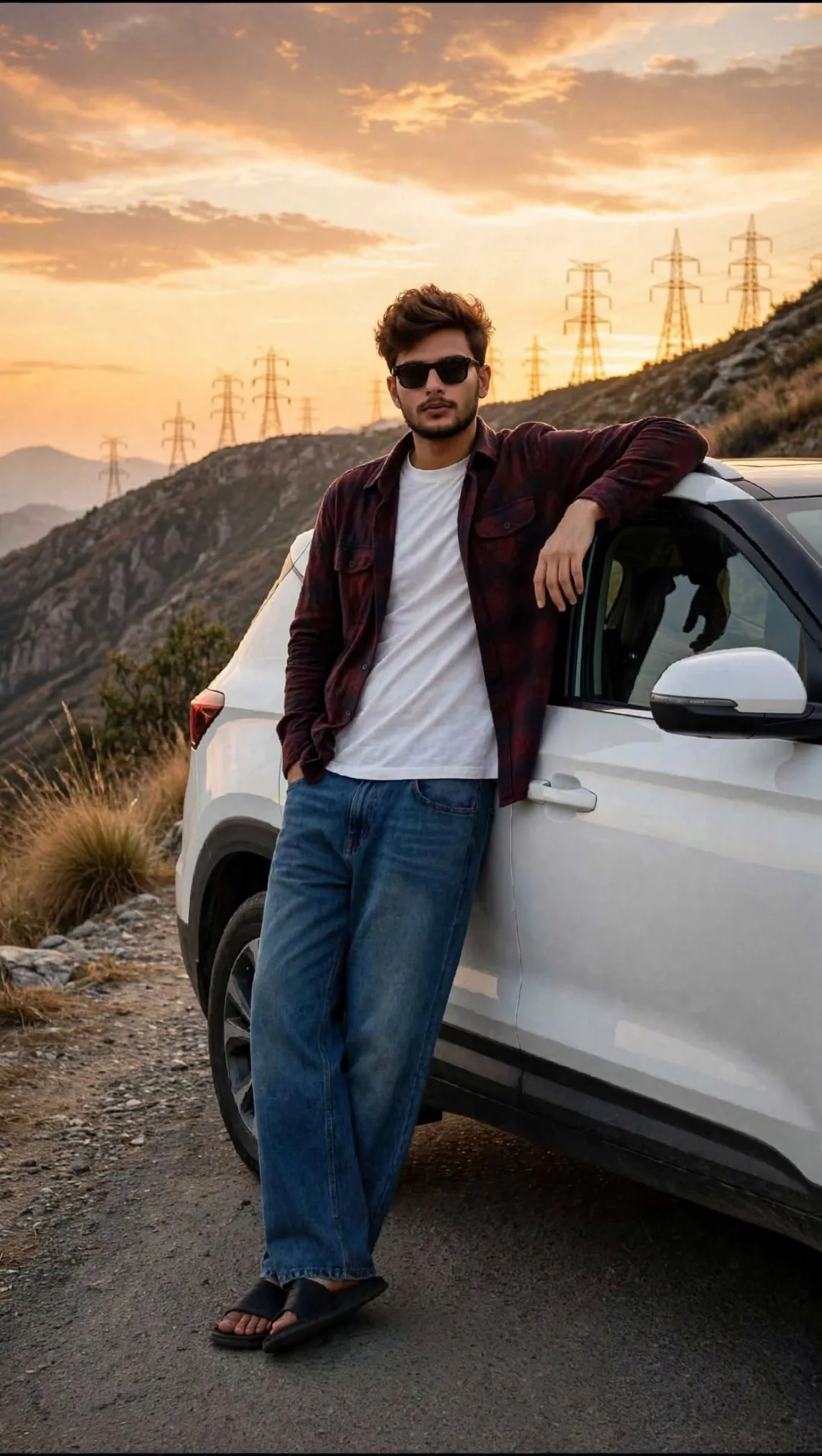 A stylish young man in his late 20s leaning casually against a white SUV on a mountain road at golden hour sunset, wavy brown hair, light