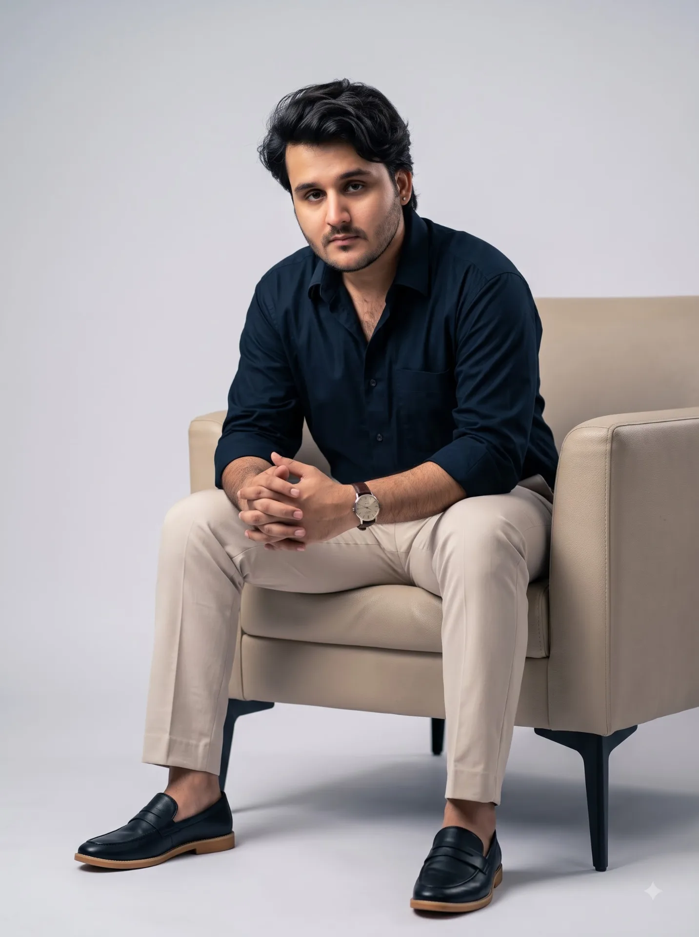 Studio portrait of a confident man sitting on a modern beige armchair with wooden legs, leaning slightly forward with his hands together.