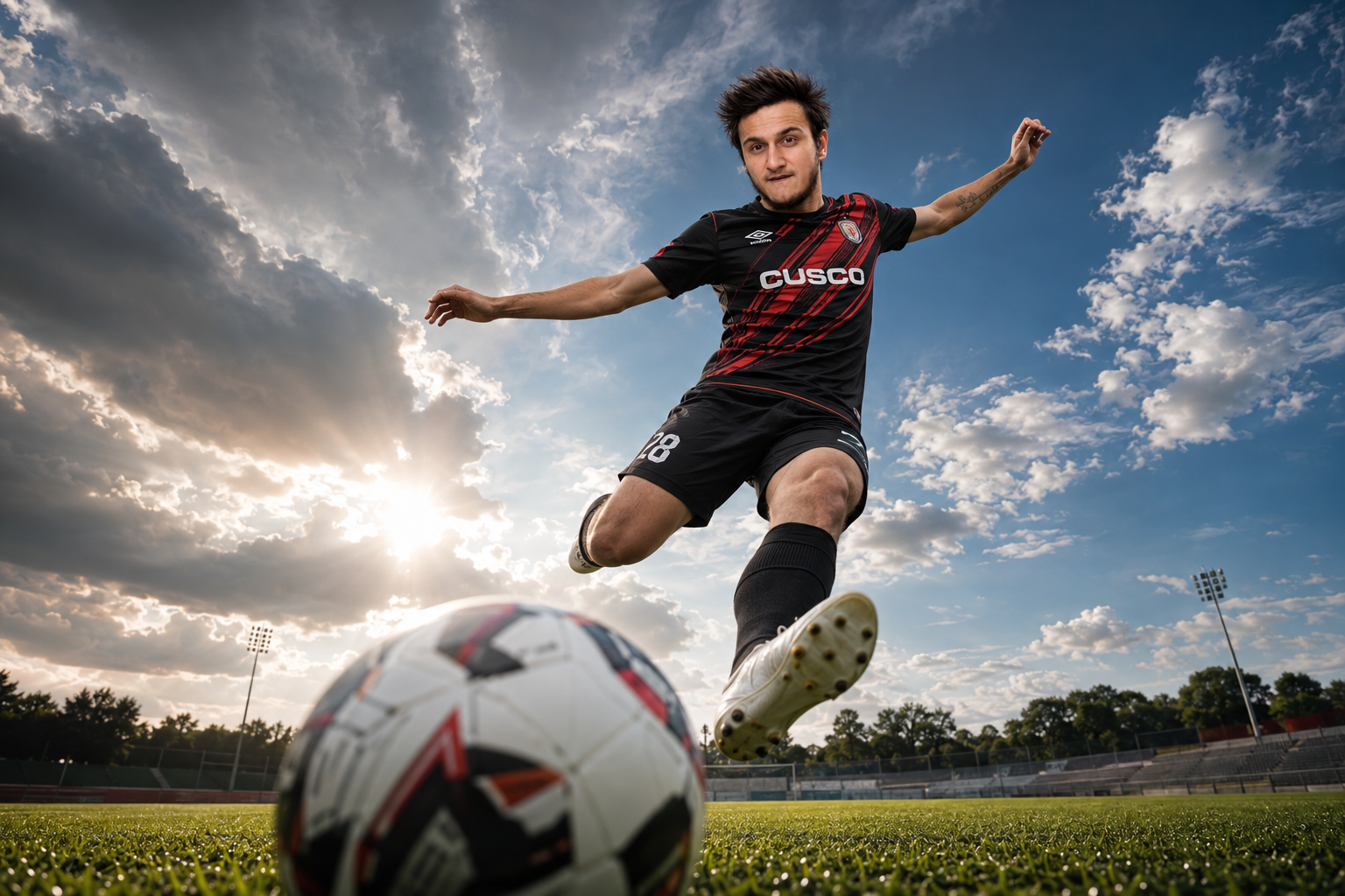 Create an ultra-realistic, high-impact sports action photograph from an extremely low ground-level ultra-wide angle (approximately