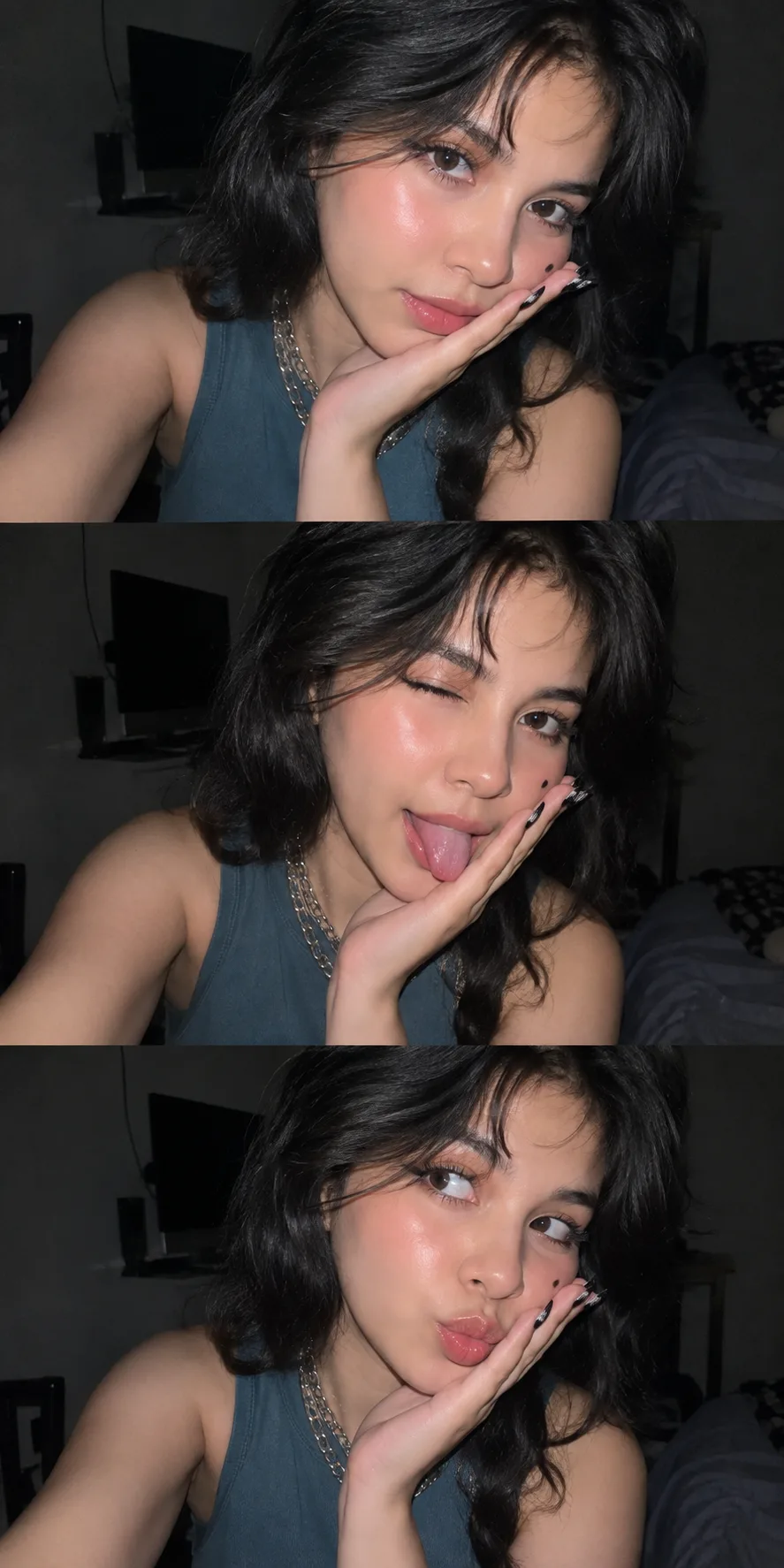 Ultra-realistic Gen Z selfie photo collage, three vertical smartphone flash selfies of a young woman with long wavy black hair, soft dewy