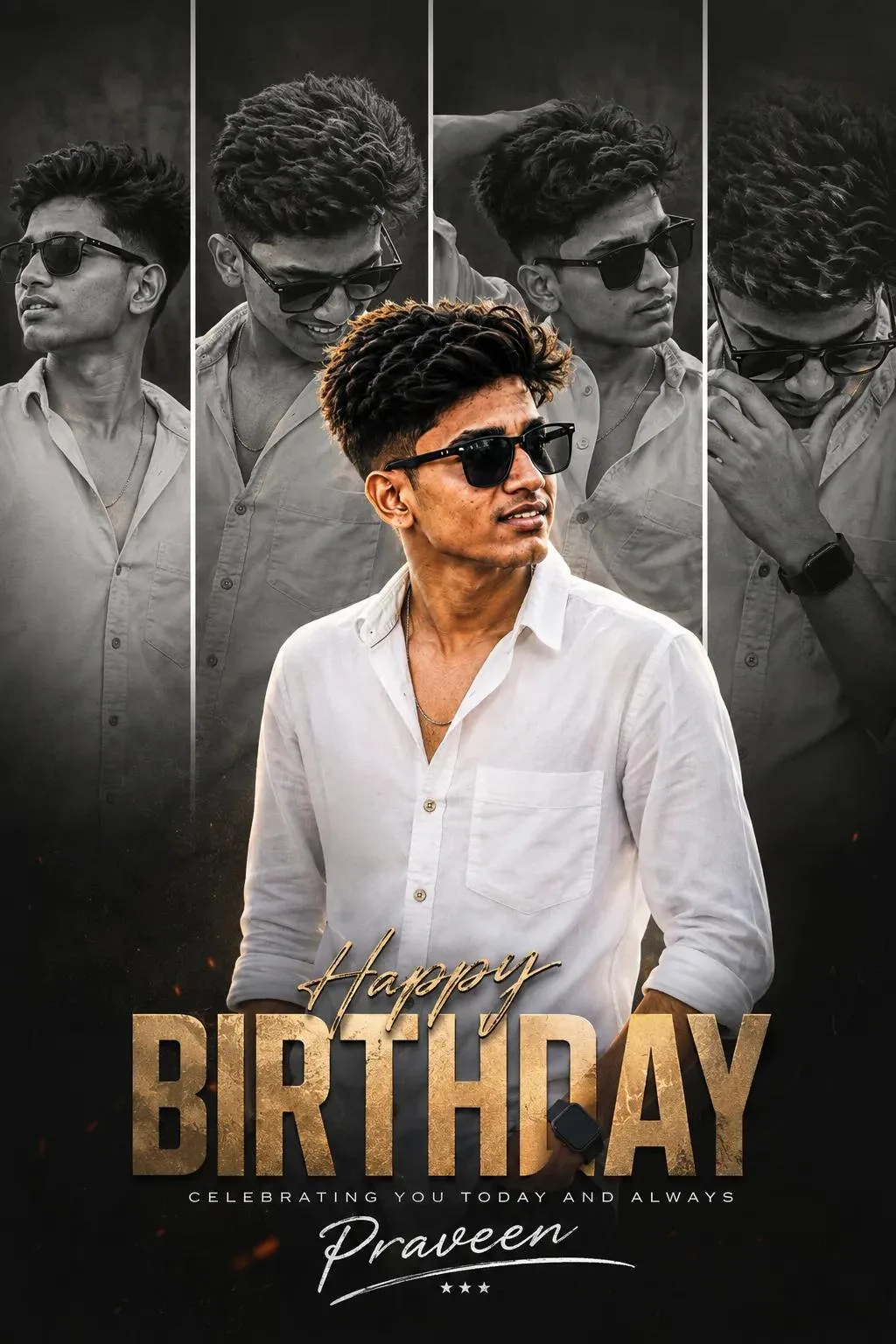 Ultra-realistic cinematic birthday poster of a short prompt 👇 stylish young South Asian male with same black hair, sharp jawline, visible