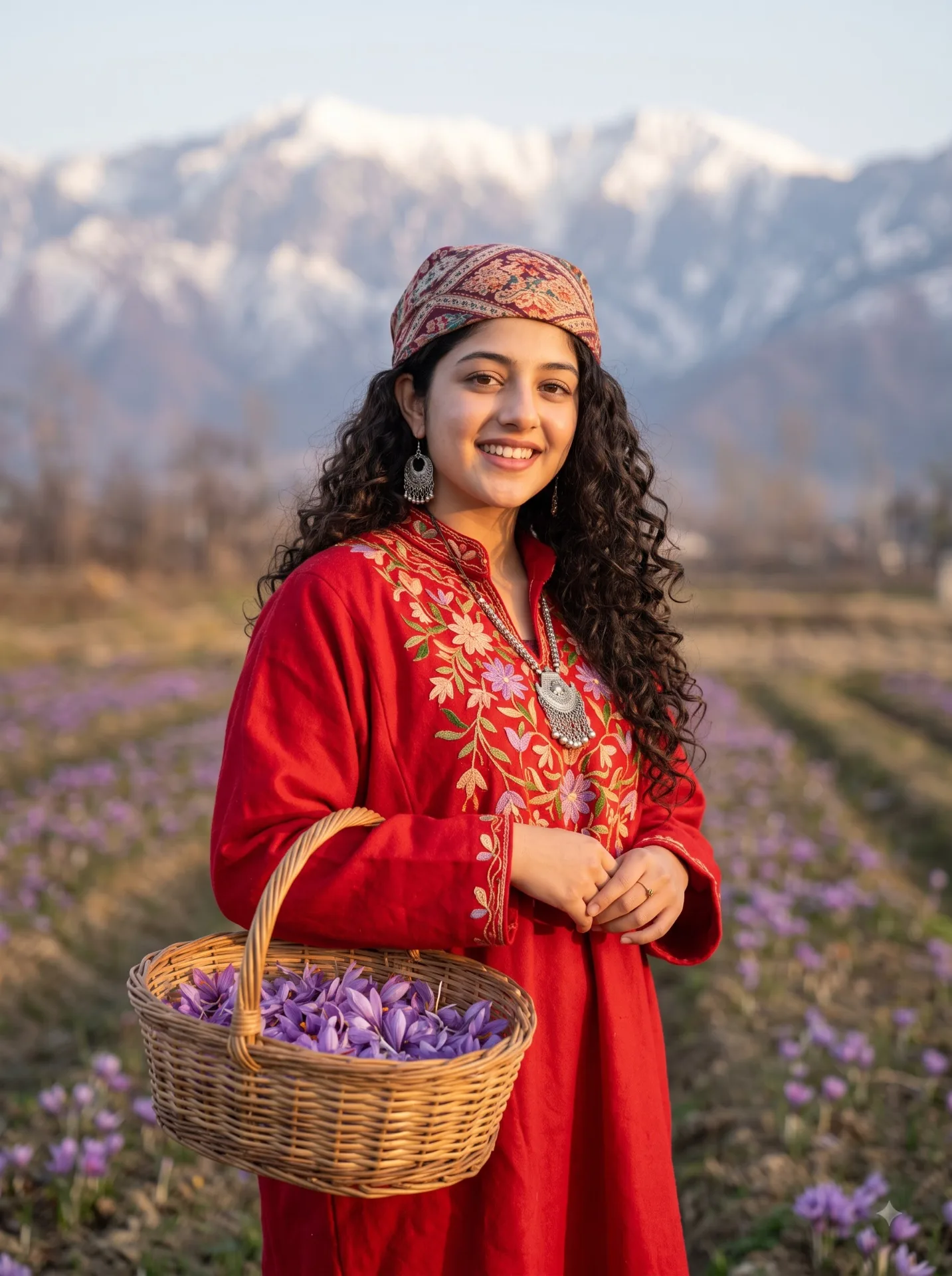 A medium shot of a beautiful young South Asian woman wearing traditional bright red Himachali/Pahari attire with intricate plaid pattern