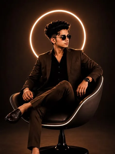 A sleek, cinematic full-length portrait of a stylish young South Asian man sitting confidently with his legs crossed in a modern black