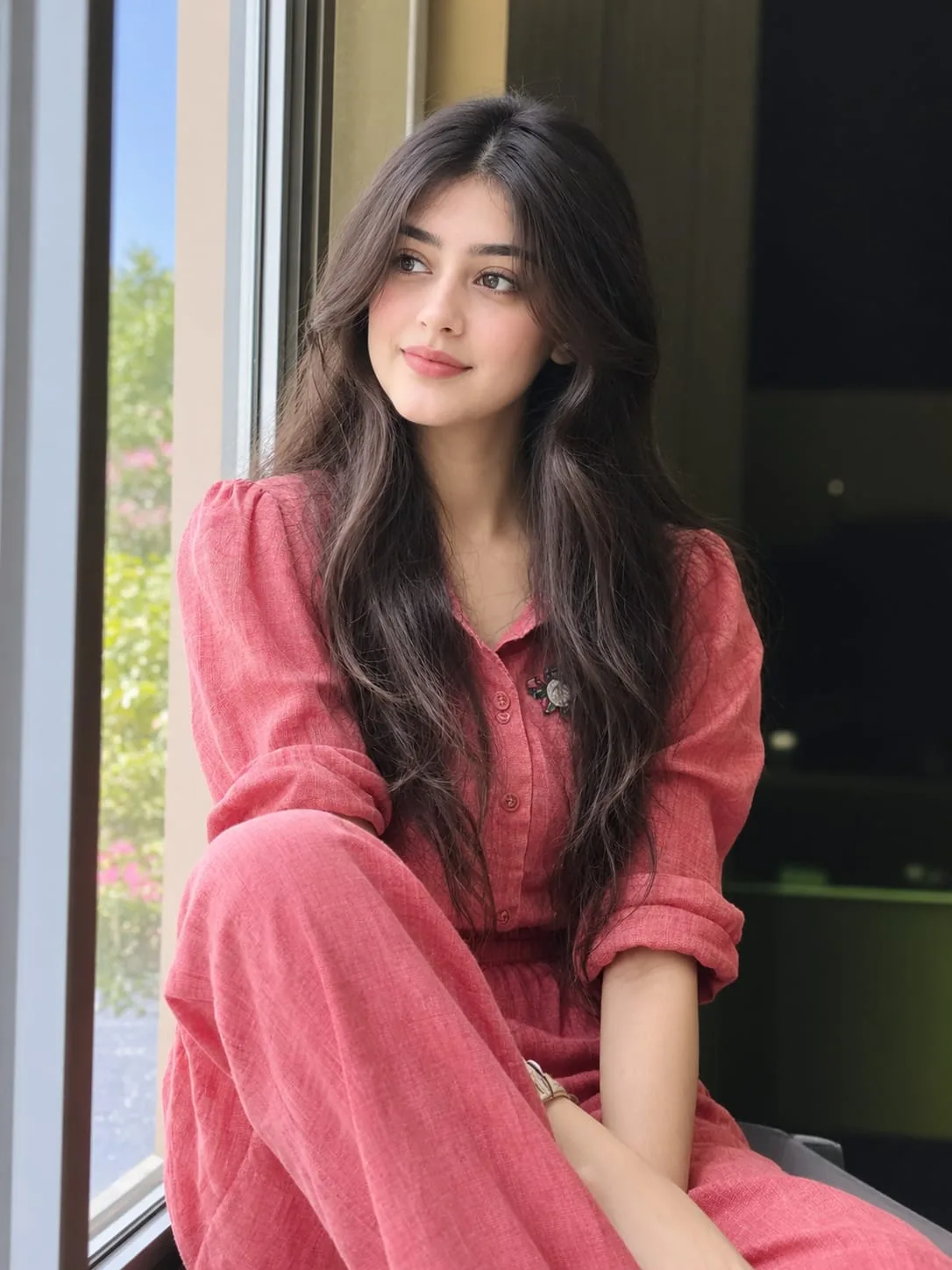 Ultra-realistic vertical portrait of a young woman sitting beside a large floor-to-ceiling window indoors.