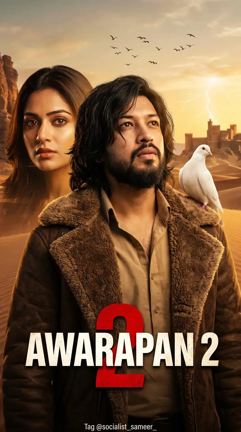 A cinematic movie poster features a South Asian man and woman with a dramatic desert landscape.